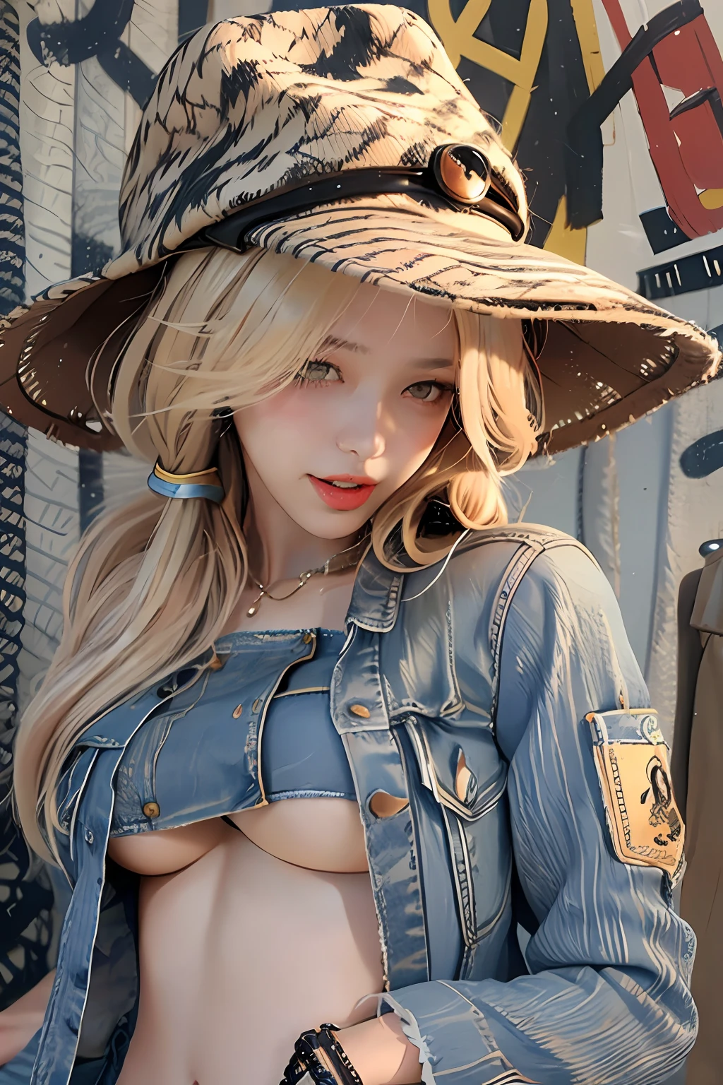 Original Character, Volumetric Lighting, Best Shadows, Shallow Depth of Field, Portrait Of Stunningly Beautiful Girl, Petite, Delicate Beautiful Attractive Face With Alluring Yellow Eyes, Messy Painted Face, Sharp Eyebrows, Broadly Smiling, Open Mouth, Fangs Out, Lovely Medium Breasts, Layered Long Twintail Blond Hair, Blush Eyeshadow, Thick Eyelashes, Applejack Hat, Oversized Pop Jacket, Mini Underboob Tee, Open Navel, Slim Waist, Denim Jeans Pants, With Buckle Belt, In The Graffiti Alley, Waste Container, Outside Stairs, Outdoor Unit, Holding Spray Paint Can, Standing, (Highest Quality, Amazing Details:1.25), (Solo:1.3), Brilliant Colorful Paintings