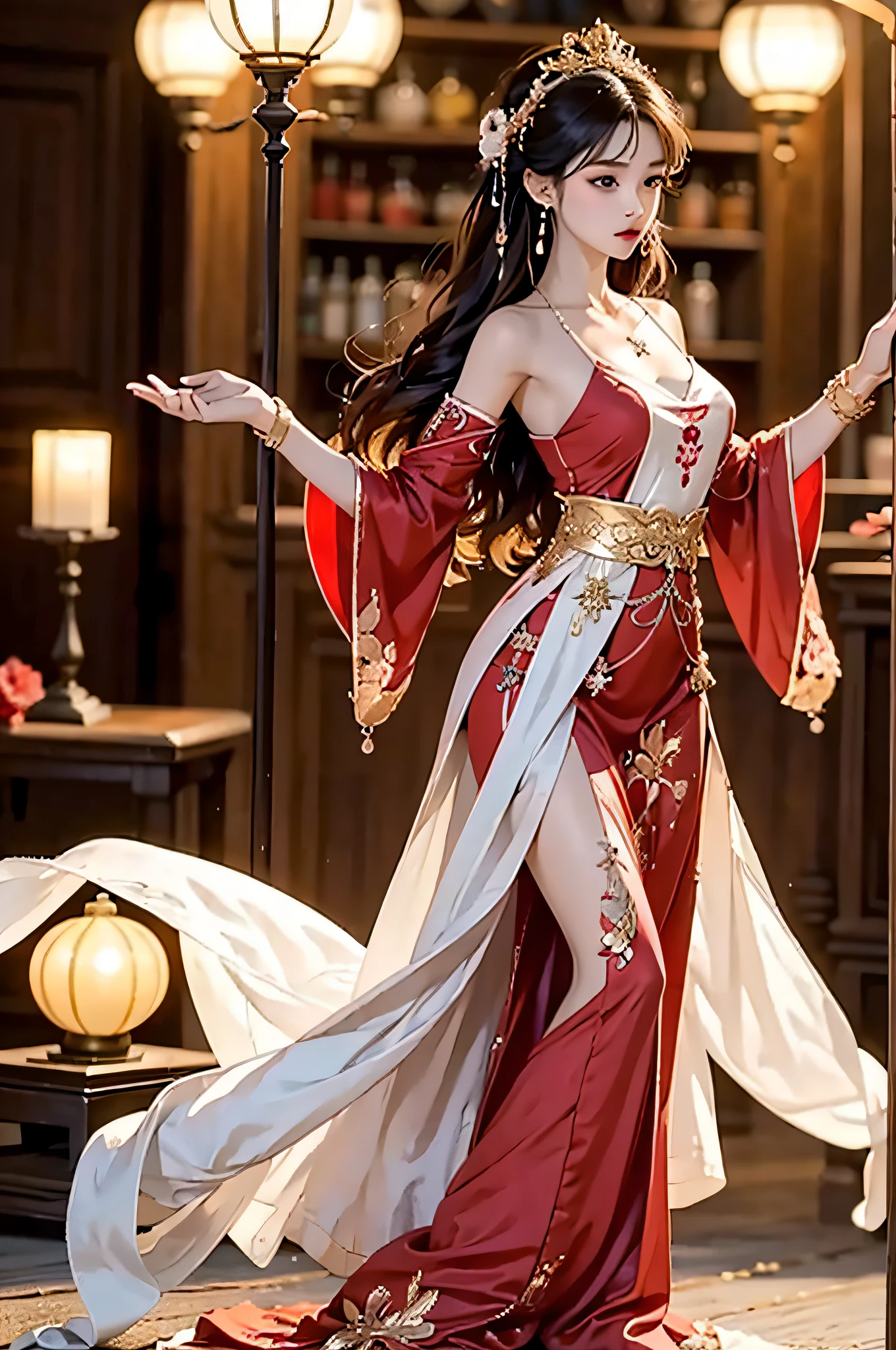 Need,Jeizuo,high res,(Delicate figure:1.5),Absolutely beautiful,(Milky skin:1.3),Delicate Detail,high res,wallpaper,1 female,solo,one-piece dress,hair ornaments,(((Golden and red dress)) ), Floral, long-hair, Brown hair, closed Mouth, Jewelry, long sleeve, Wide sleeves, Big eyes, Fluttering, Hanfu, Hanfu, embroidery, Long skirt, Natural posture, Falling petals, inside room, Fanning,lanterns,16K,HDR,high res,Depth-Of-Field,(Film grain:1.1),Bocoon,golden hour,(lens flare),Vignette,rainbows,(Color:1.5)