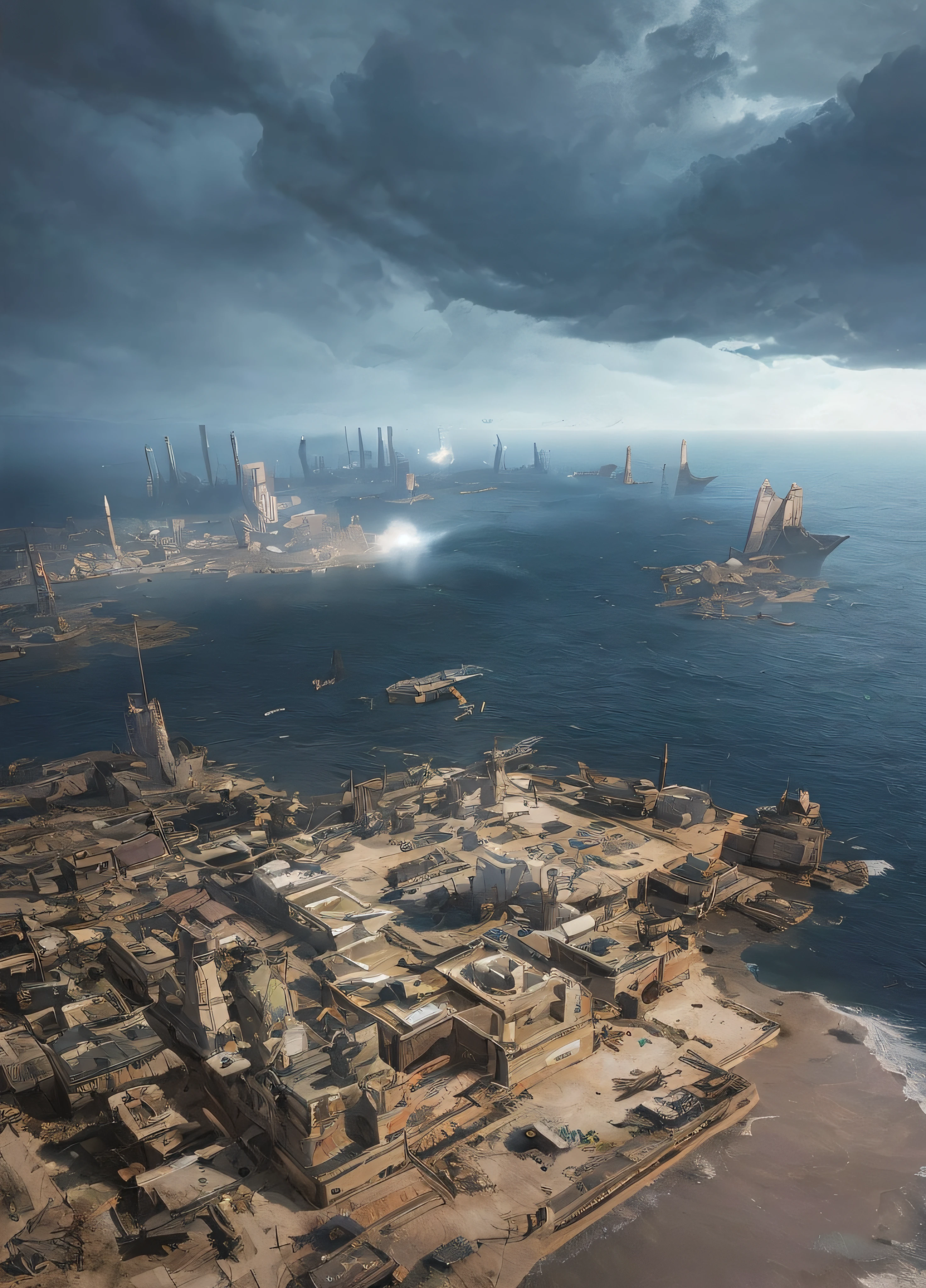 There is a military base on a small island in the middle of the ocean, inspired by Ismail Inceoglu, ismail inceoglu and ruan jia, dramatic concept art, concept-art , highly rendered, concept art for a video game, game art matte painting, highly realistic concept art, author:Ismail Inceoglu, concept world art, author:Luis Miranda