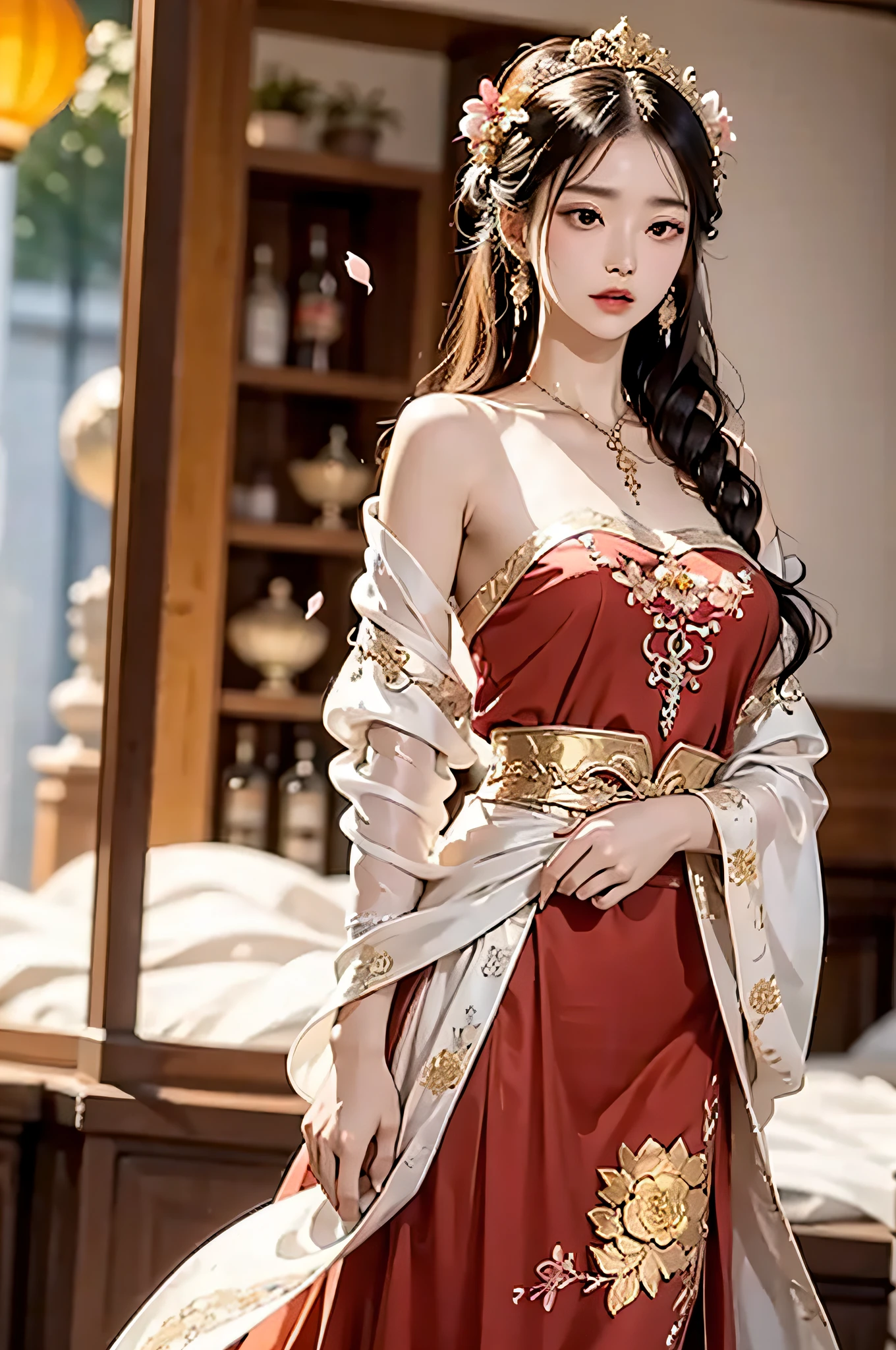 Need,Jeizuo,high res,(Delicate figure:1.5),Absolutely beautiful,(Milky skin:1.3),Delicate Detail,high res,wallpaper,1 female,solo,one-piece dress,hair ornaments,(((Golden and red dress)) ), Floral, long-hair, Brown hair, closed Mouth, Jewelry, long sleeve, Wide sleeves, Big eyes, Fluttering, Hanfu, Hanfu, embroidery, Long skirt, Natural posture, Falling petals, inside room, Fanning,lanterns,16K,HDR,high res,Depth-Of-Field,(Film grain:1.1),Bocoon,golden hour,(lens flare),Vignette,rainbows,(Color:1.5)