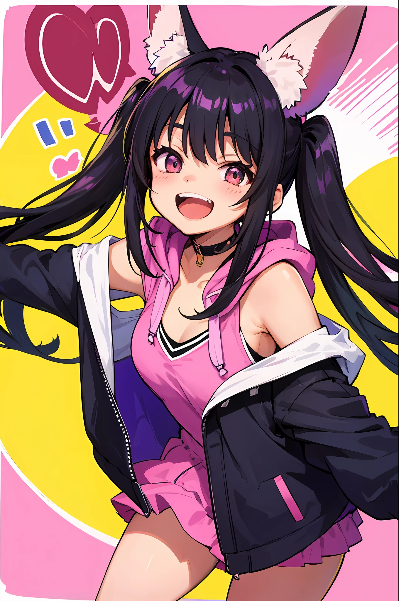 1人の女の子、独奏、Lowered twin tails、black-haired、Hoodie with vivid pink rabbit ears、Outstanding smile、Opens mouth and laughs、colorful backdrop