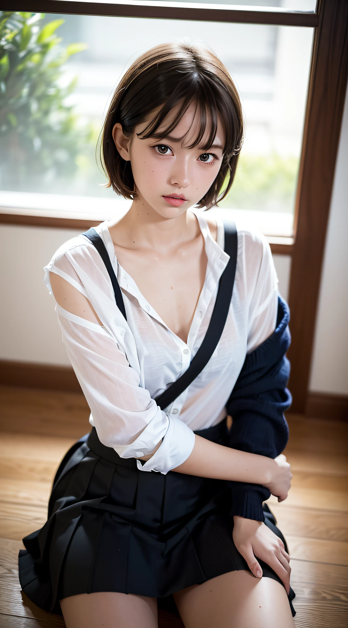 (Sillamäe:1.5), slender, masterpiece, top quality, raw photo, photorealistic, face, incredibly absurd, beautiful girl, cute,short messy hair, depth of field, high resolution, ultra detail, fine detail, highly detailed, highly detailed eyes and face, sharp pupils, realistic pupils, sharp focus, cinematic lighting,schoolgirl uniform, sitting legs bending at the knees, white panties are visible through the skirt, ??????, loose large shirt, shoulders are visible, ?????? bumps, 10-year-old girl, shirt is wet, shirt is fluttering and ???? collarbone is visible, from above, under the shirt is not wearing anything,