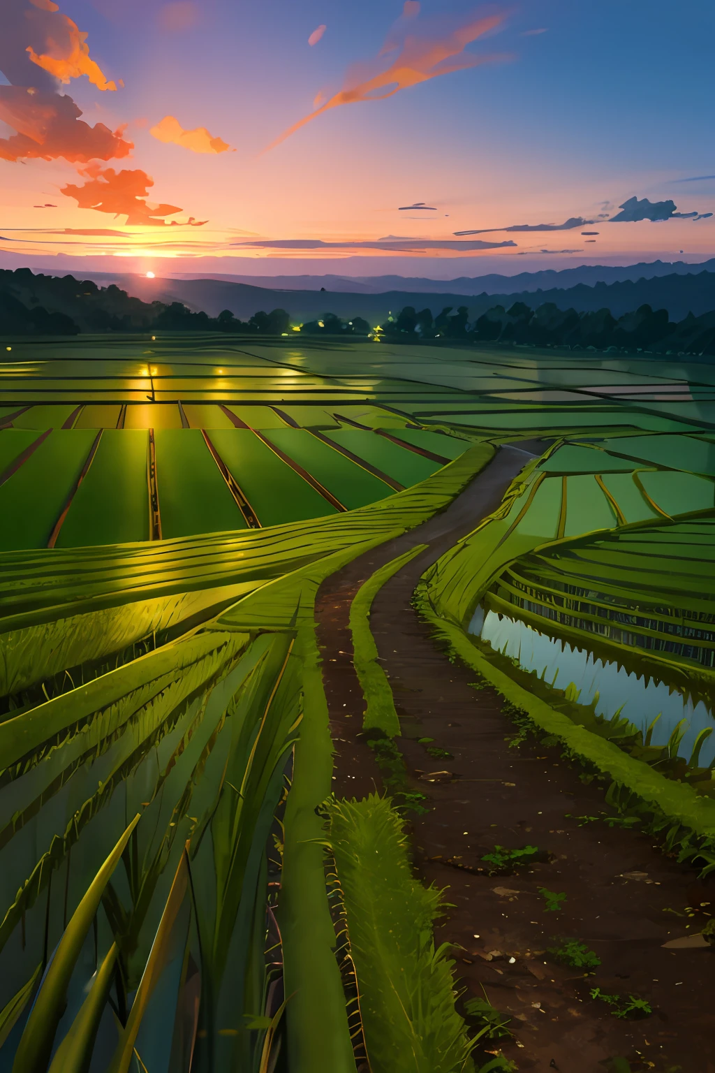 Looking down at the countryside rice paddy road, the sunset sky before the sun goes down in front of me.