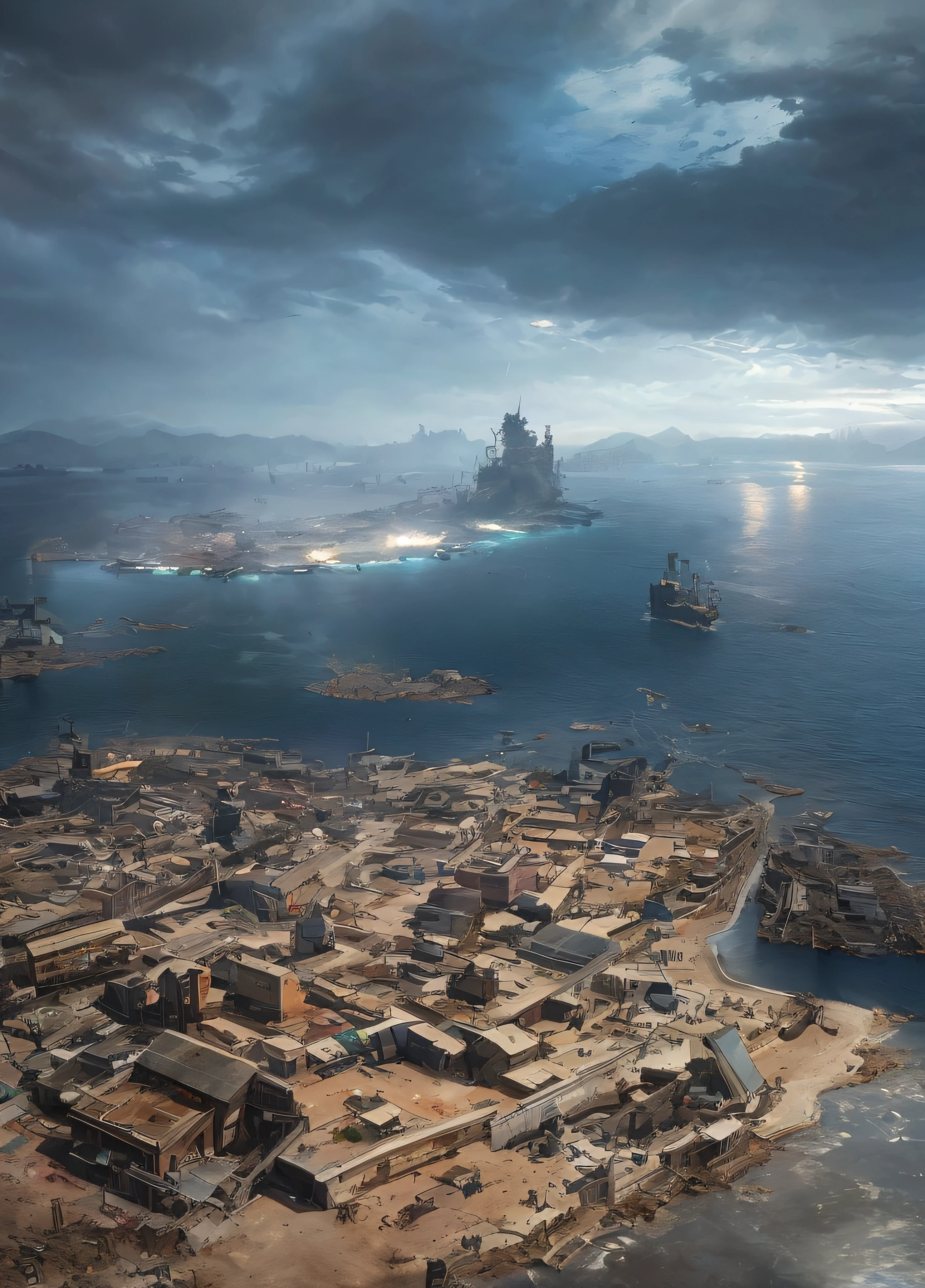 There is a military base on a small island in the middle of the ocean, inspired by Ismail Inceoglu, ismail inceoglu and ruan jia, dramatic concept art, concept-art , highly rendered, concept art for a video game, game art matte painting, highly realistic concept art, author:Ismail Inceoglu, concept world art, author:Luis Miranda