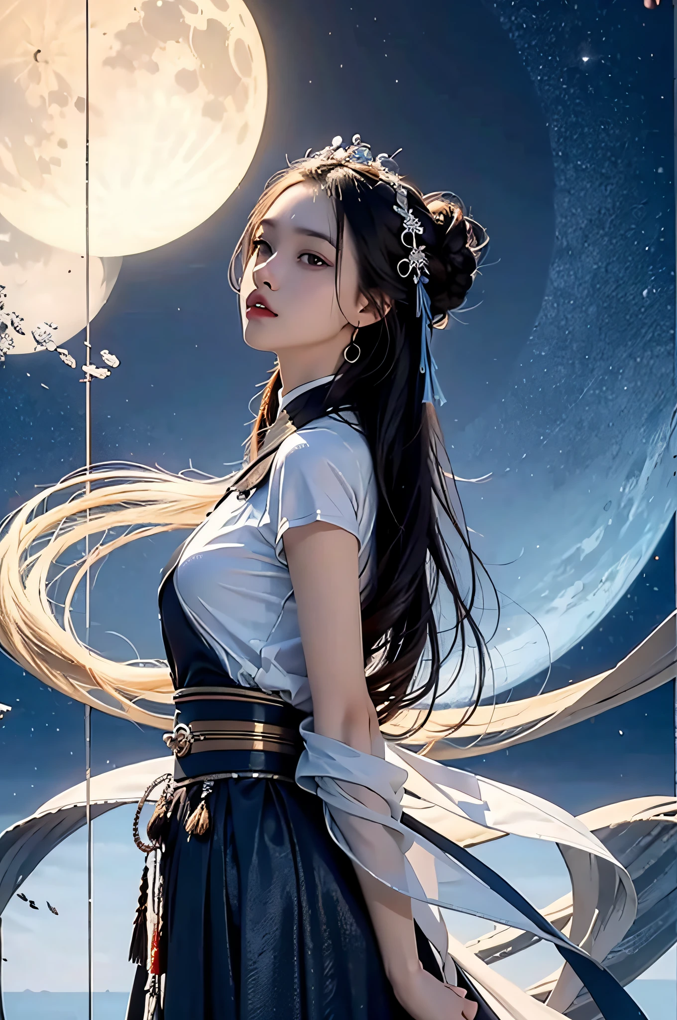 Hyperrealistic,4K,35mm,Fashion,photography of an,magazine photoshoot,ultra highly detailed, (Abstract Art:1.4), Professional lighting, Masterpiece, Best quality, super high resolution, Beautiful, visually stunning, (1girle:1.3), (dark blue theme:1.2), Light gray background, deep blue, Cowboy shot,girl,Wuxia,Chinese style,Hanfu,Tang Feng,Red:1.9,skin, Skirt,