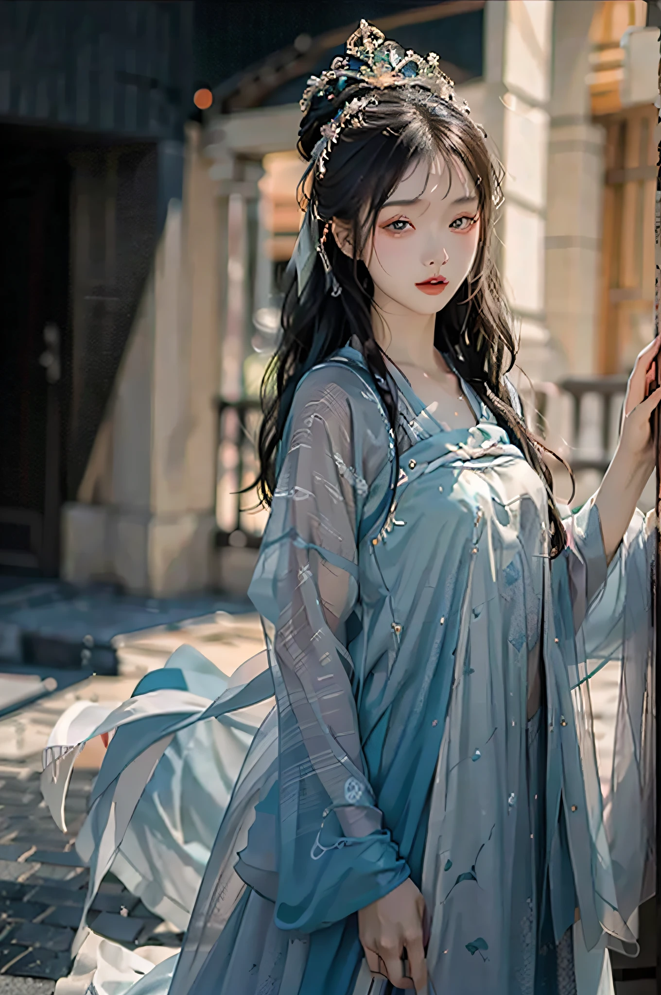 Hyperrealistic,4K,35mm,Fashion,photography of an,magazine photoshoot,ultra highly detailed, (Abstract Art:1.4), Professional lighting, Masterpiece, Best quality, super high resolution, Beautiful, visually stunning, (1girle:1.3), (dark blue theme:1.2), Light gray background, deep blue, Cowboy shot,girl,Wuxia,Chinese style,Hanfu,Tang Feng,Red:1.9,skin, Skirt,