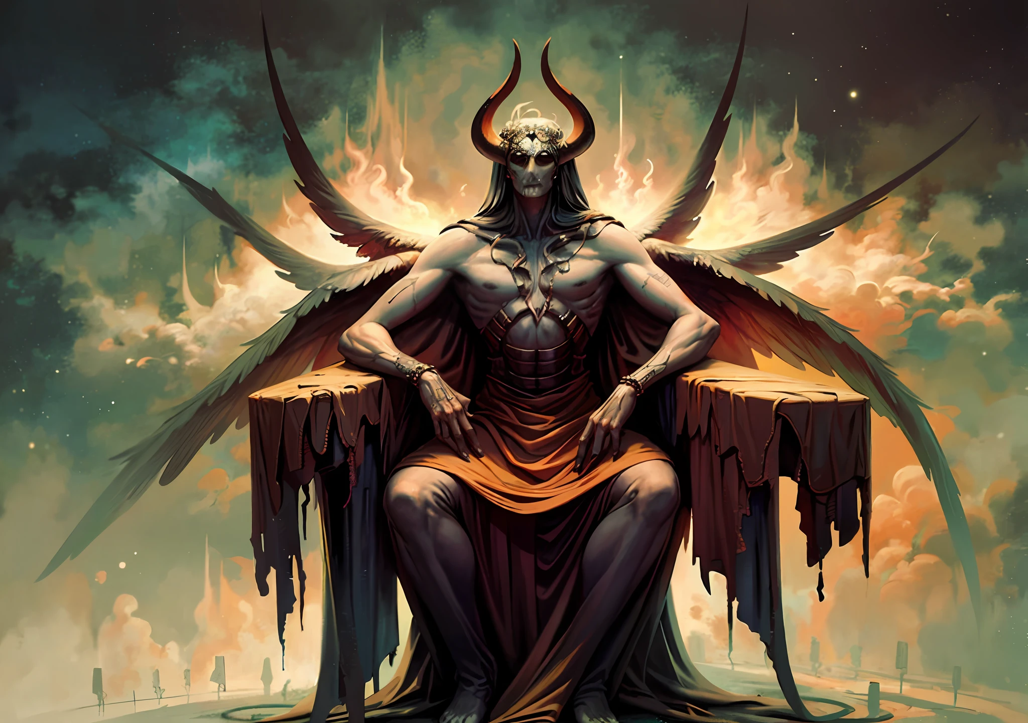 The oil painting depicts Satanásás, em uma cena sombria e misteriosa. Satan is sitting on a majestic throne made entirely of melted wax, skull-shaped. The room around you is immersed in a deep darkness, with no illumination other than the pale dim light of the moon, que mal penetra as sombras. Satan, represented with a bored and dejected expression, is visibly downcast. His body is carved in melted wax, com fagulhas de fogo, creating a fluid and unstable appearance. A cera escorre dele como se estivesse derretendo lentamente, solidifying its destroyed condition. Suas asas, outrora majestosas, Now they're just melted remnants, como fragmentos amorfos ao redor de seu corpo. Para completar a imagem, Satan wears the crown of hell on his head, symbolizing his fall and his tragic connection to fire. The melted candles of the crown cast a faint, quivering light, further highlighting his melancholic state. The painting captures the sense of desolation and hopelessness, representing Satan as a being trapped in his own tragic fate. The darkness of the room, The melted wax and undone wings reflect the catastrophe and the loss of his audacious ambition. Satan, once taking flight towards the sun, now he finds himself imprisoned in a throne of decay, condemned to the eternity of boredom and repentance.