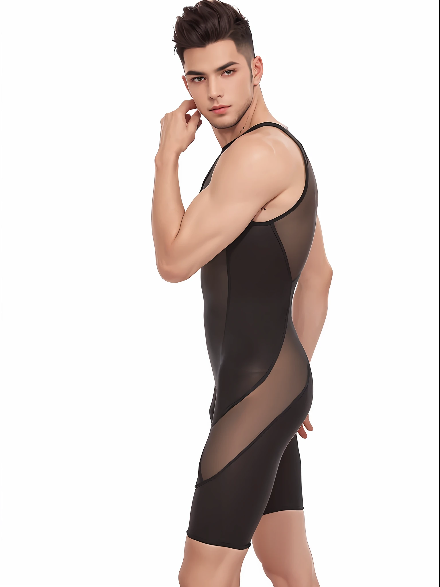 A young man wearing a black translucent one-piece tights,Translucent body, wearing a strawhat, high leotard, skintight black clothes, The tight-fitting suit, wearing black tight clothing, skintight black bodysuit, tight full body suit, high level body suit, high leotard, full - length view, black spandex, Full body suit, Translucent mesh
