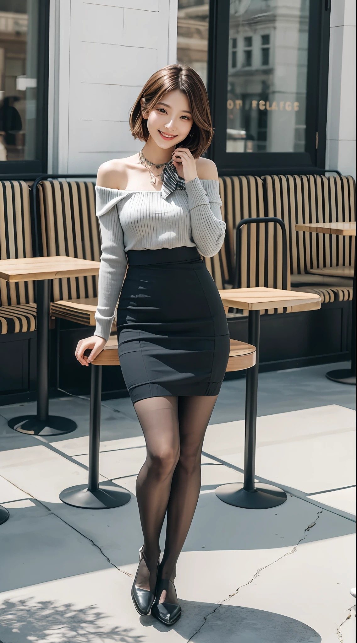 8k uhd, dslr,film grain, Fujifilm XT3,(best quality:1.3), (masterpiece:1.1), high resolution, cinematic light, intricate details, (photorealistic),outside,beautiful outside,sunny,
korean girl,(in cafe:1.5) , dimples, bobcut, looking at viewer, detailed trees, ribbons, bowties, bare shoulders, ribbed sweater,
pencil skirt, high-waist skirt, head rest, sitting, indoors,
necklace,black pantyhose, sheet transportation sweater, (smile),(full body:1.6),slender,