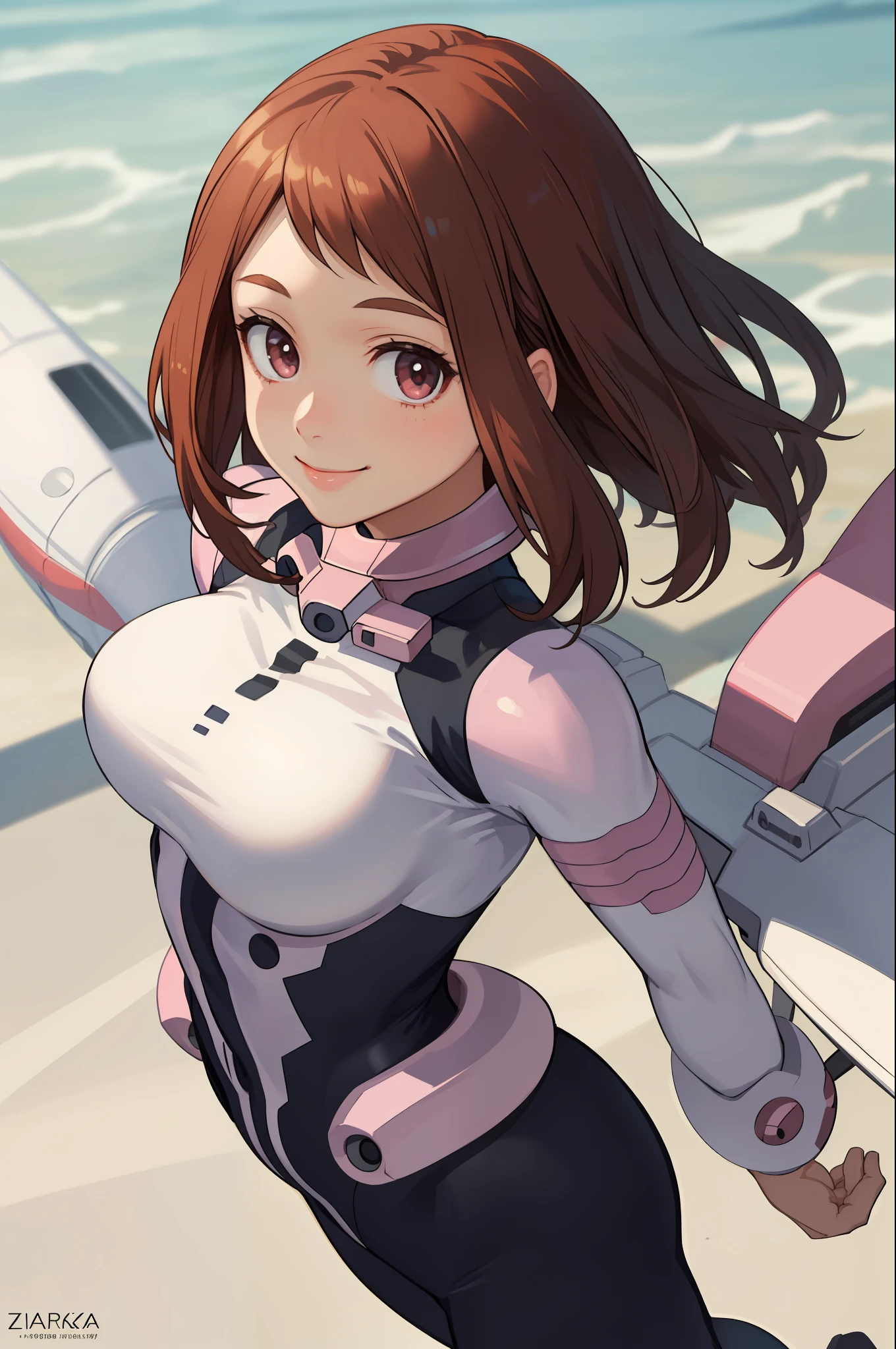 ((masterpiece, best quality;1.3)), ultra detailed, detailed background, 1girl, solo, smile,   bodysuit,ochaco uraraka, looking at viewer, large breast,pink suits,
school background, zero gravity,realistic, flying from above