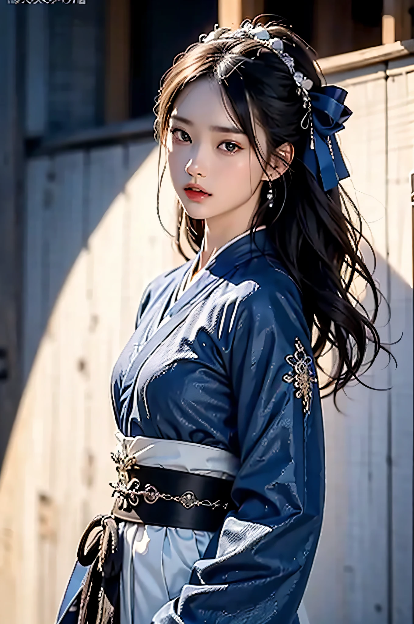 Hyperrealistic,4K,35mm,Fashion,photography of an,magazine photoshoot,ultra highly detailed, (Abstract Art:1.4), Professional lighting, Masterpiece, Best quality, super high resolution, Beautiful, visually stunning, (1girle:1.3), (dark blue theme:1.2), Light gray background, deep blue, Cowboy shot,girl,Wuxia,Chinese style,Hanfu,Tang Feng,long sleeve,Wide sleeves,Realistic skin,