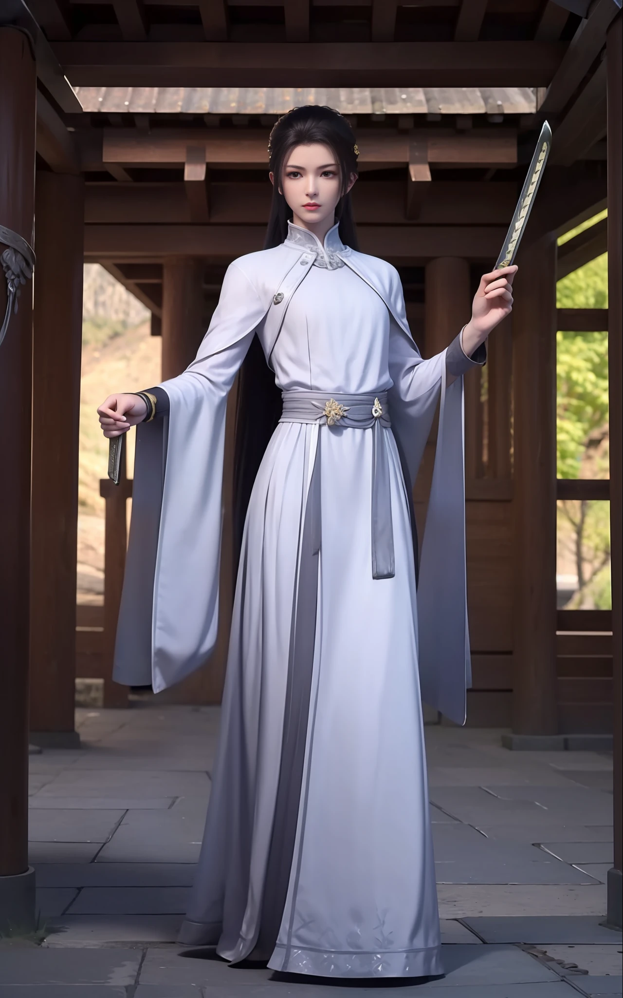 swordsmen,White robe white,length hair,Ancient buildings,Deep mountains