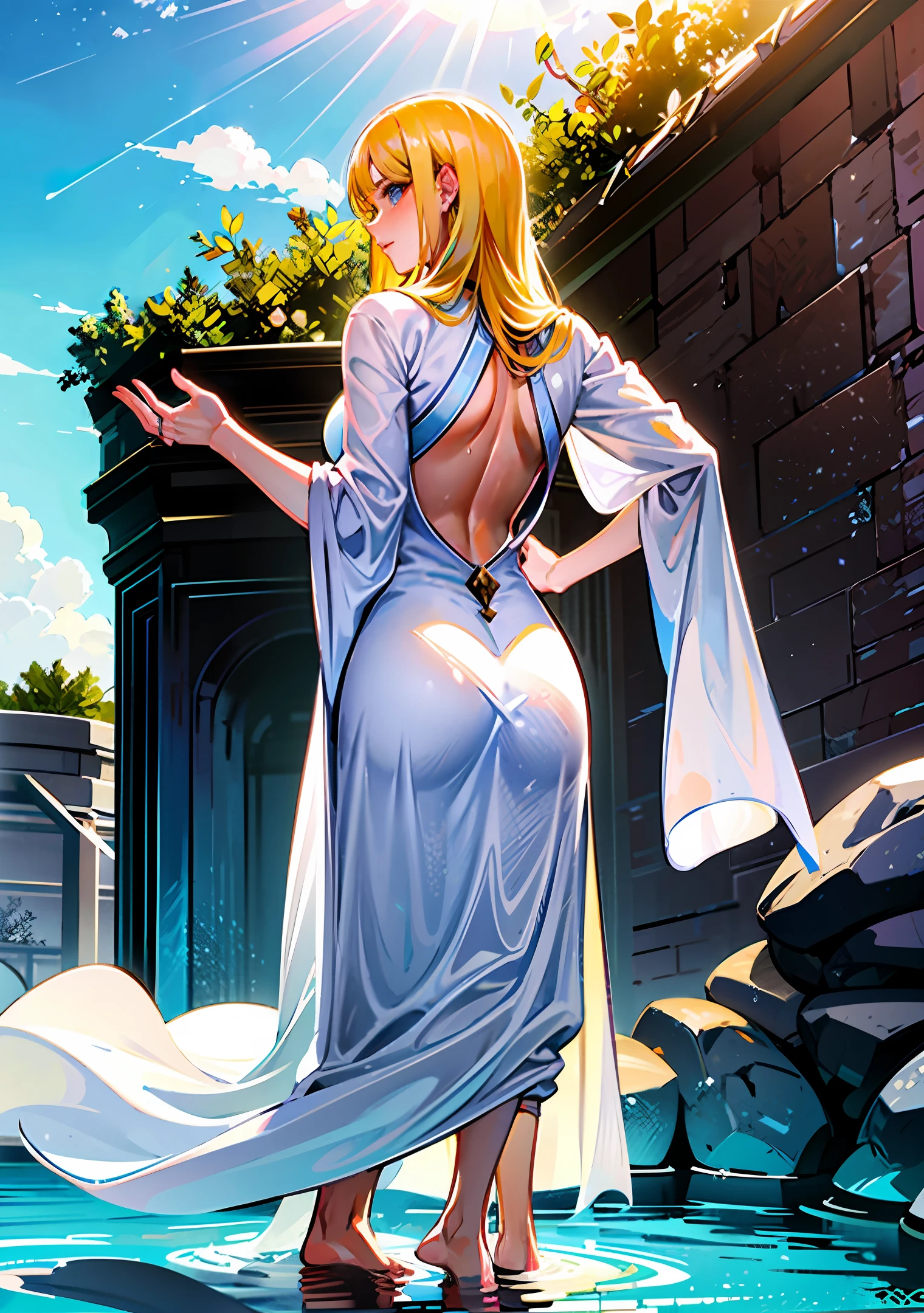 Under the three-story fountain,Beautiful ager kneeling in the water,Only his back can be seen,Prayer devotion,The sun shines on his blonde hair,blurred the lines,Water flooded his feet,Wet the white robe,Blonde hair floating in the water