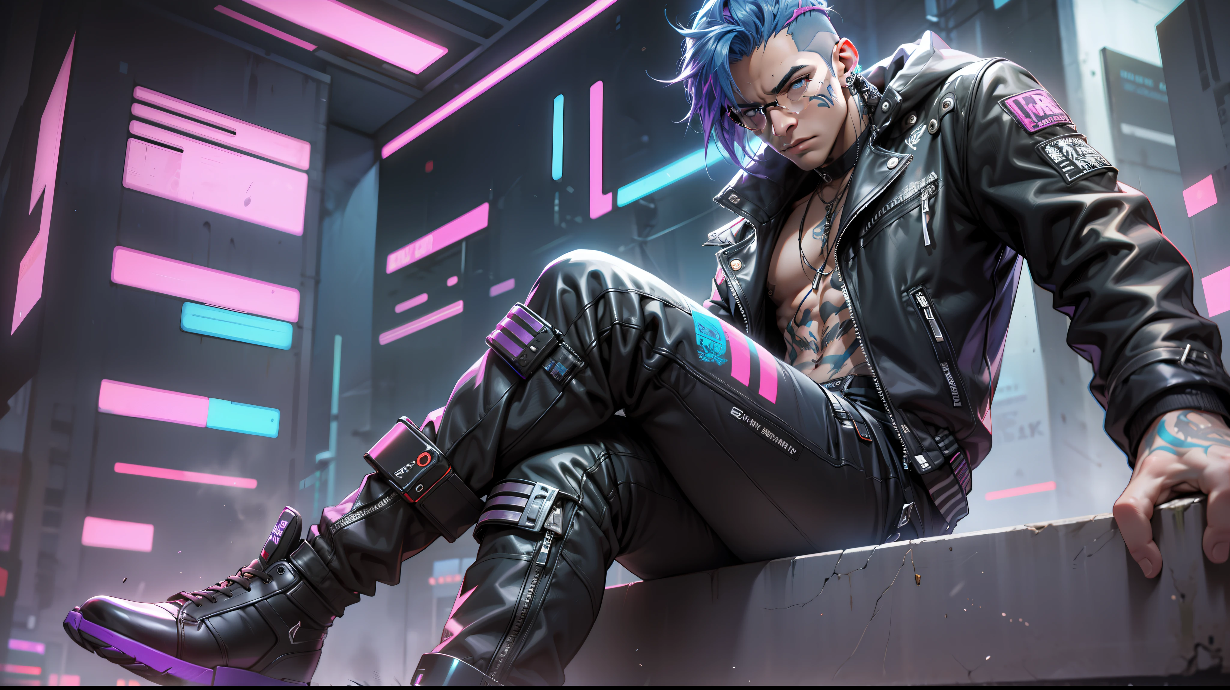 cinematlic lighting,8K ,Sony lens,wide high angle view,large scene,cyberpunked,street corner,Hip hop,Dark Boy,wears dark glasses,blue hairs,shortsleeves,neons,Tattoos glow,Run,Perverted