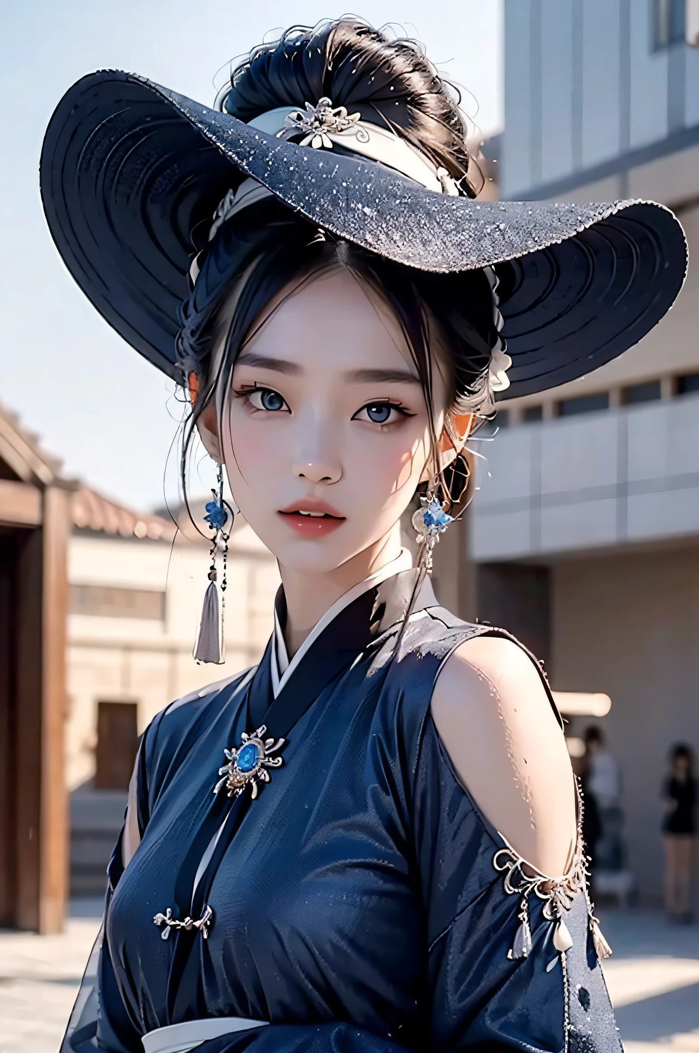 Hyperrealistic,4K,35mm,Fashion,photography of an,magazine photoshoot,ultra highly detailed, (Abstract Art:1.4), Professional lighting, Masterpiece, Best quality, super high resolution, Beautiful, visually stunning, (1girle:1.3), (dark blue theme:1.2), Light gray background, deep blue, Cowboy shot,girl,Wuxia,Chinese style,Hanfu,Tang Feng,long sleeve,Wide sleeves,Realistic skin,