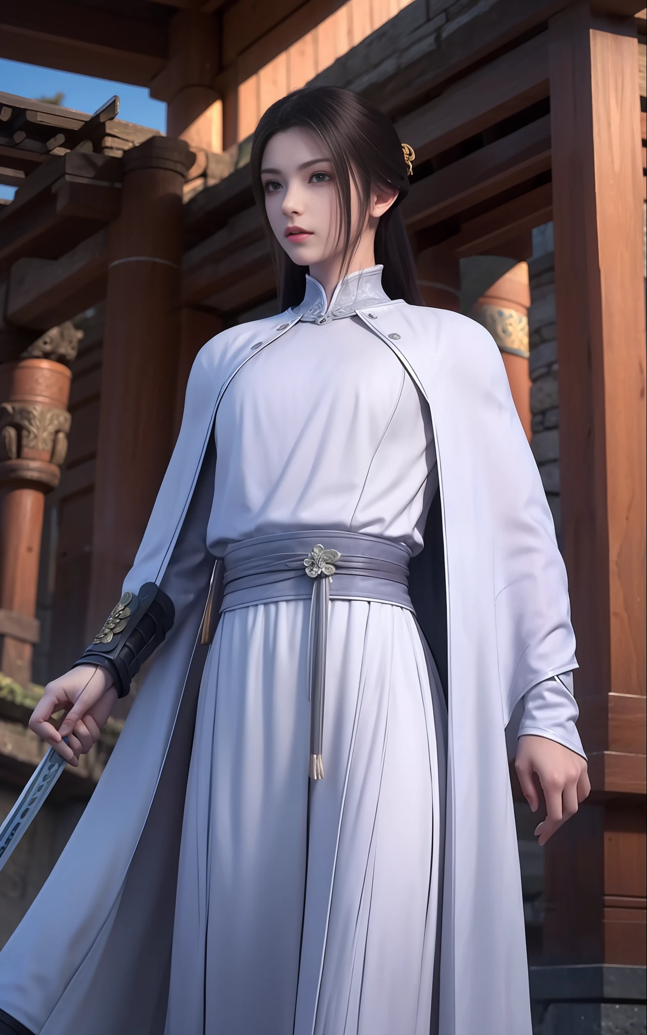 swordsmen,White robe white,length hair,Ancient buildings,Deep mountains
