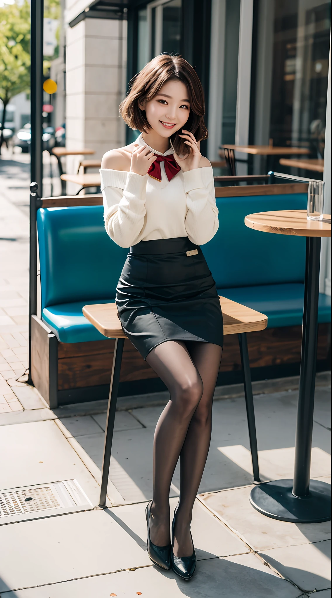 8k uhd, dslr,film grain, Fujifilm XT3,(best quality:1.3), (masterpiece:1.1), high resolution, cinematic light, intricate details, (photorealistic),outside,beautiful outside,sunny,
korean girl,(in cafe:1.5) , dimples, bobcut, looking at viewer, detailed trees, ribbons, bowties, bare shoulders, ribbed sweater, 
pencil skirt, high-waist skirt, head rest, sitting, indoors,
 necklace,black pantyhose, sheet transportation sweater, (smile),(full body:1.6),slender,