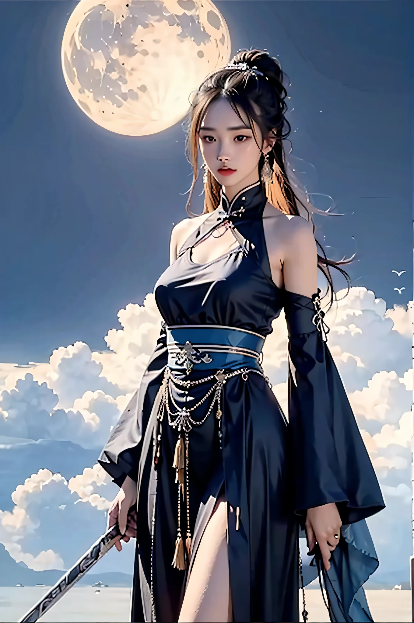 Hyperrealistic,4K,35mm,Fashion,photography of an,ultra highly detailed, (Abstract Art:1.4), Professional lighting, Masterpiece, Best quality, super high resolution, Beautiful, visually stunning, (1girle:1.3), (dark blue theme:1.2), Light gray background, deep blue, Cowboy shot,girl,Wuxia,Chinese style,Hanfu,Tang Feng,long sleeve,Wide sleeves,Realistic skin,