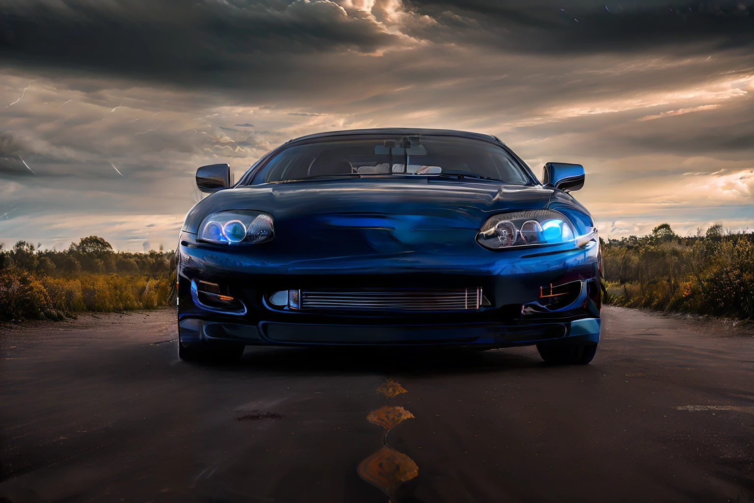 (abstract:1.2) front view (the tesla car, beautiful clouds, night:1.1) portrait, artistic sharp gloomy art, (dan mumford style:1.3), hdr, realism, cinematic atmosphere, lovecraft style, (JimJorCrafLogo art style:1.4).