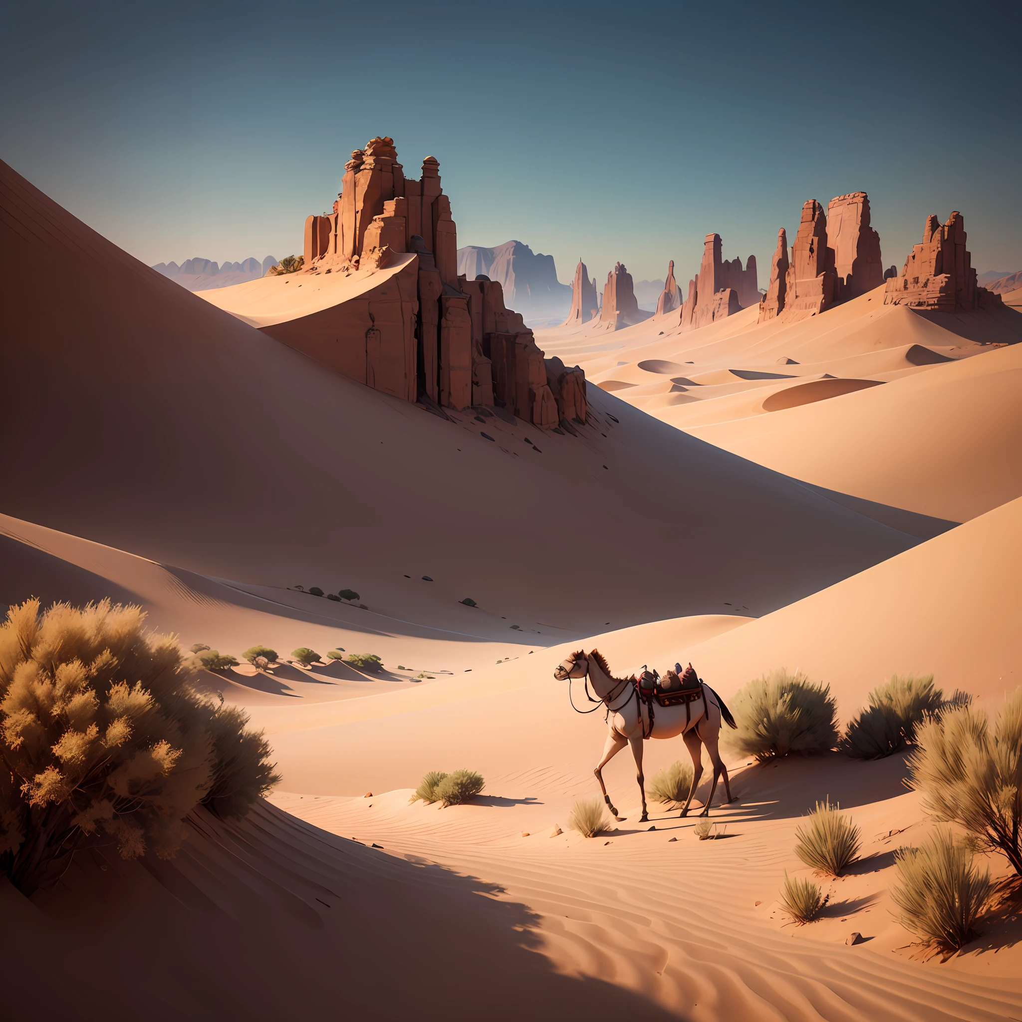 camel, desert, oasis, distant mountains, camel ::, desert::,close-up photo,beautiful scene,a beautiful painting by Henri Rousseau,The picture is from Roger Deakins's work,Ethereal Atmosphere,Tranquil Atmosphere,Unreal engine,Quixel Megascans Render,Corona Render,hyper quality,8Ksuper wide angle,cinematic shot,film lighting, --auto