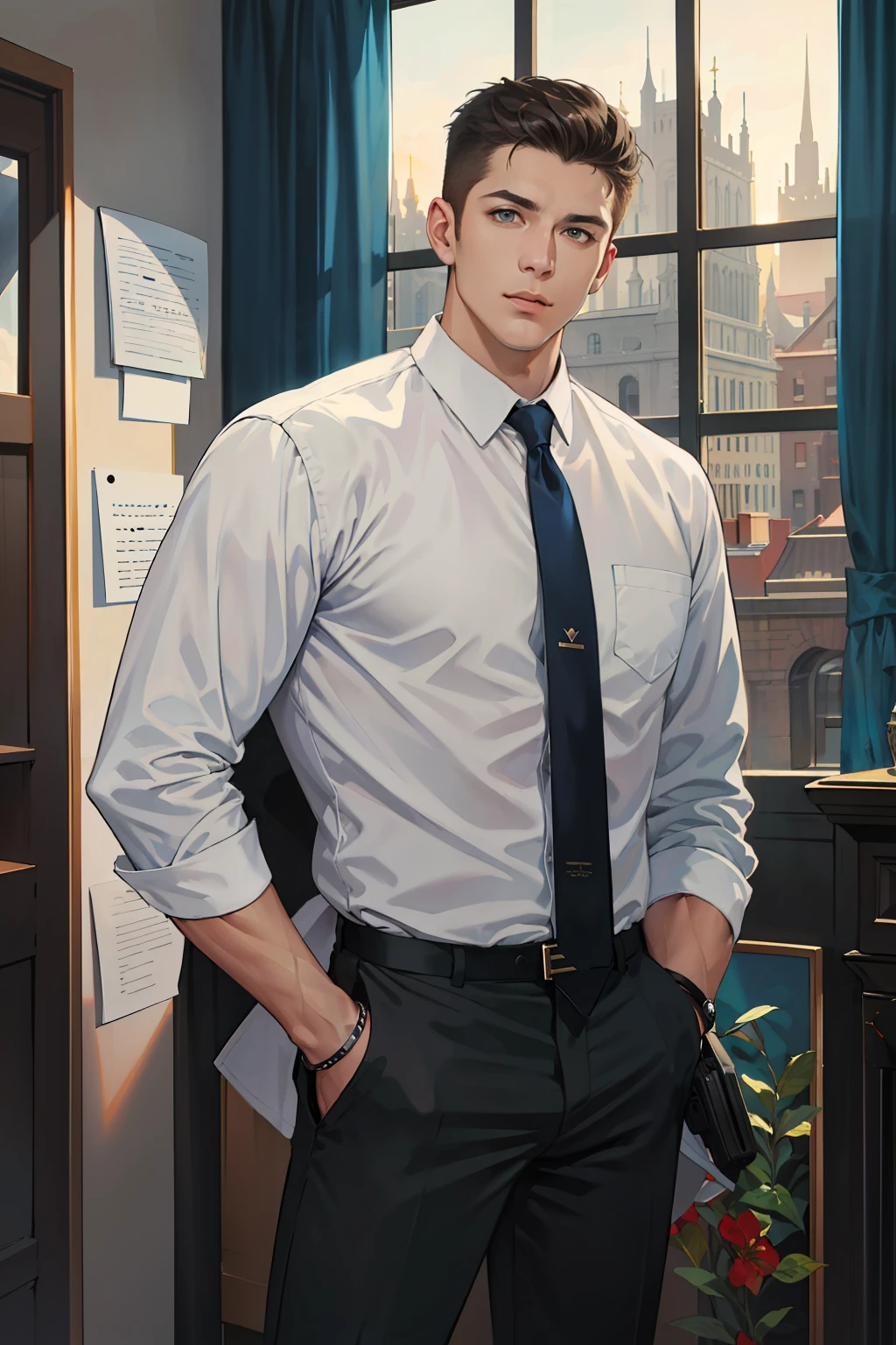 1man,A 30-year-old male lawyer,Wear a long-sleeved white shirt and tie,Hands in your trouser pockets,The body structure is correct、Stand in front of the window,gentlesoftlighting,masterpaintings,the best quality,8K UHD,digital DSLR camera,Midjourney and greg rutkowski's Fujifilm XT3 realistic painting art