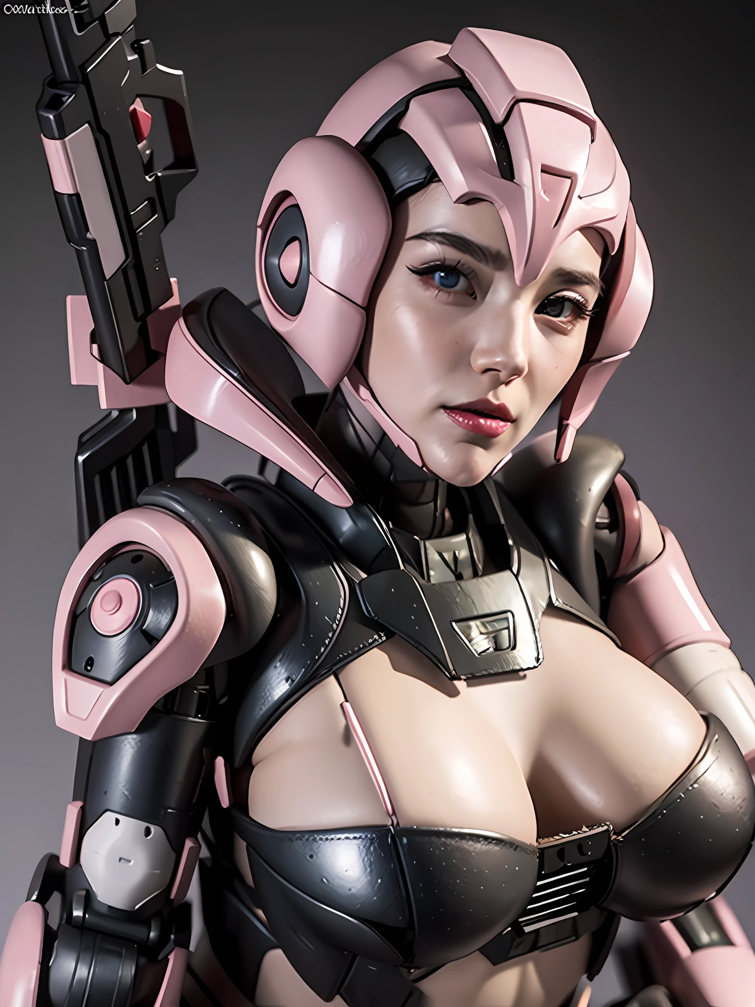 araffed woman in a pink suit holding a gun and a gun, female mecha, girl in mecha cyber armor, mechanized soldier girl, cyberpunk anime girl mech, streamlined pink armor, slick pink armor, echo from overwatch, female cyborg, cute cyborg girl, female robot, oppai cyberpunk, mechanized valkyrie girl, beautiful robot character design, big boobs, gigantic boobs, cleavage, show cleavage, uhd