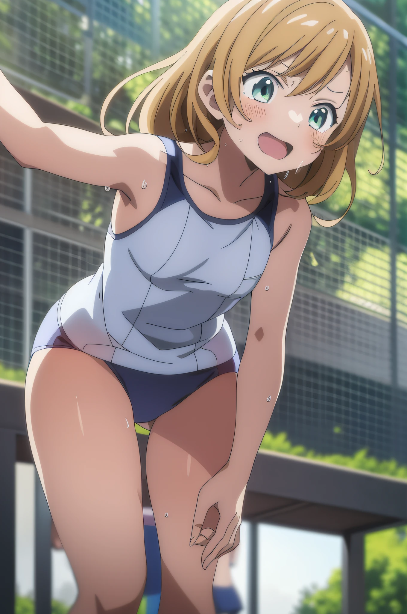 (best quality,anime,anime art style:1.2), anime screen cap,loli, young girl, 13years old, sweat,school swim suits,Intense angle,speedy movement,looking away,light smile, sleeveless,