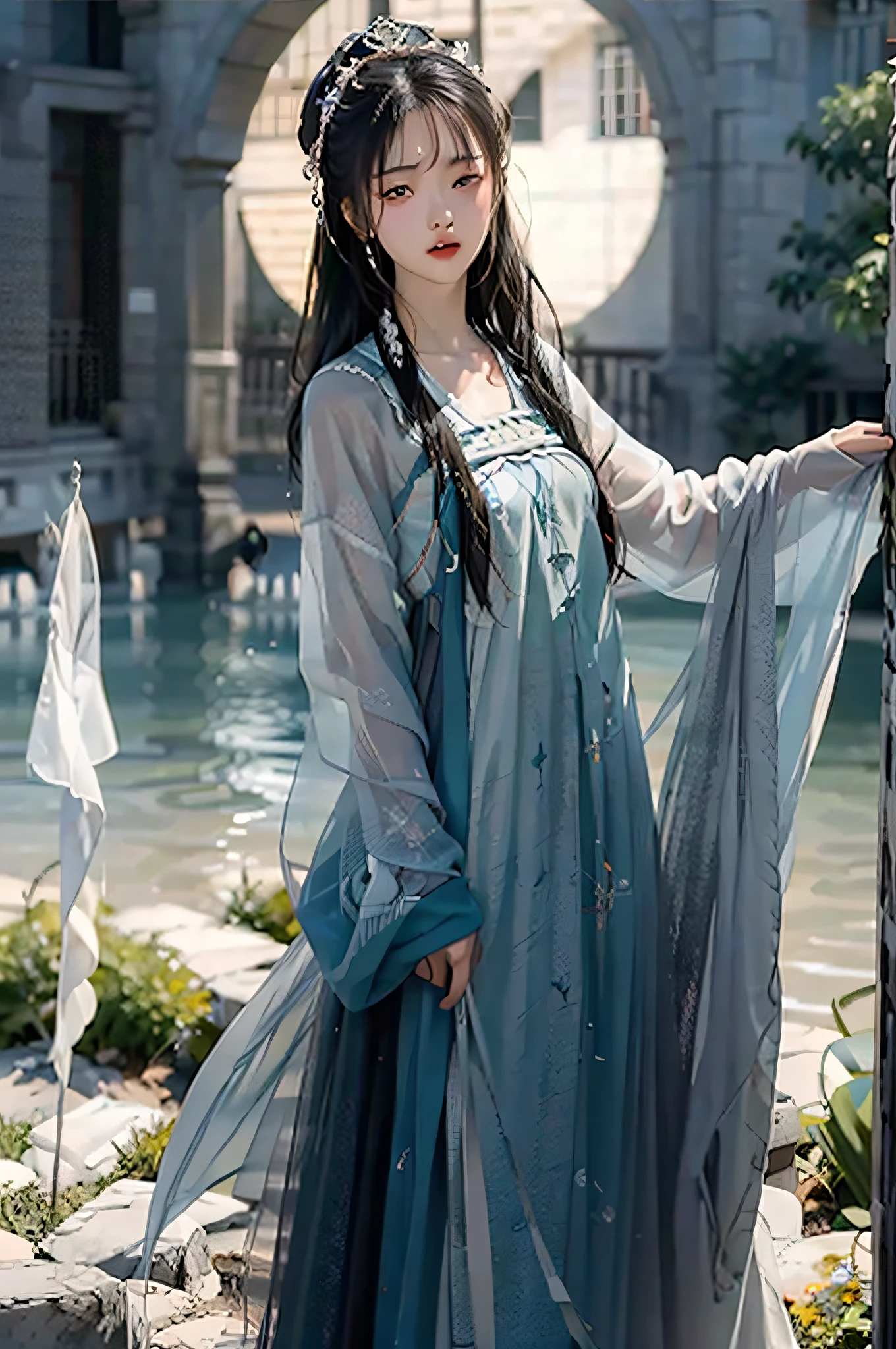 Hyperrealistic,4K,35mm,Fashion,photography of an,ultra highly detailed, (Abstract Art:1.4), Professional lighting, Masterpiece, Best quality, super high resolution, Beautiful, visually stunning, (1girle:1.3), (dark blue theme:1.2), Light gray background, deep blue, Cowboy shot,girl,Wuxia,Chinese style,Hanfu,Tang Feng,long sleeve,Wide sleeves,Realistic skin,