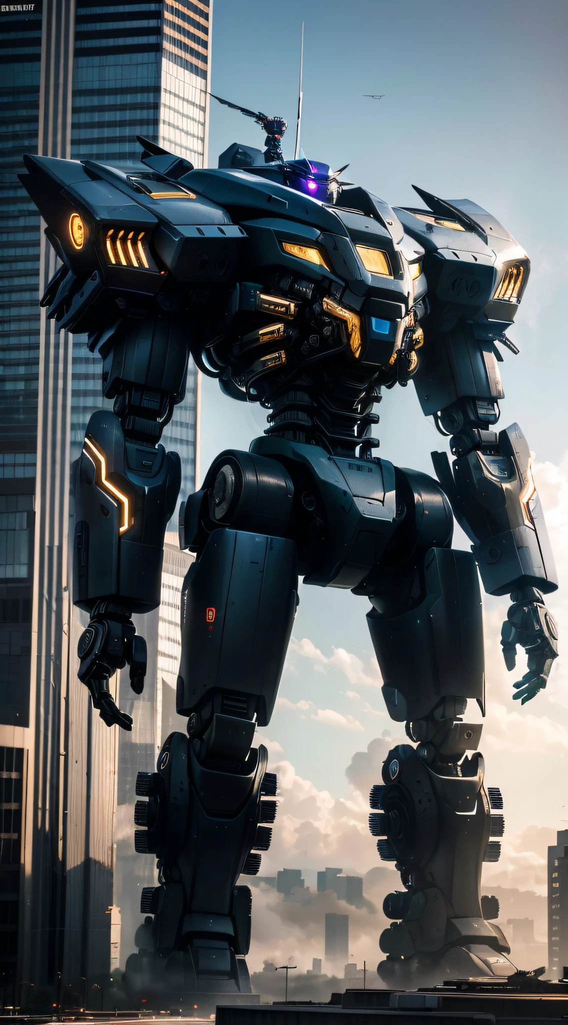there is a large robot that is standing in the middle of a city, anime large mecha robot, mech robot futuristic, giant robot mech, giant mecha robot, tremendous mecha robot, Full body mecha, giant anime mecha, giant mecha, mega humanoid mech, mech robot, mech body, portrait of a futuristic robot, mechasuit, Mecha suit