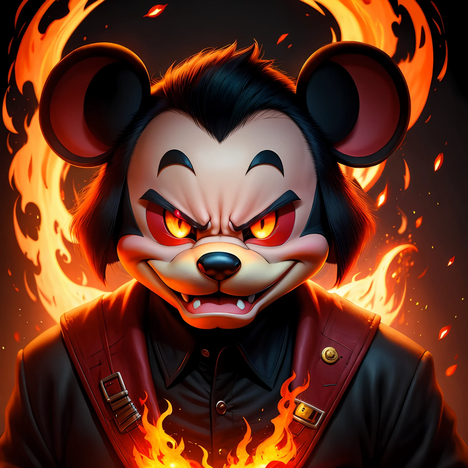 mickey mouse,Mickey looks like a demon, Angry, devil, Red eyes, Portrait, fire background