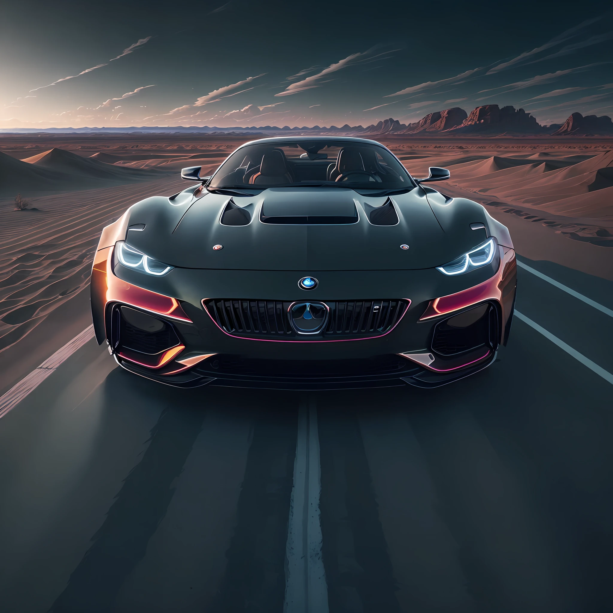 This is a striking image of the Alafad sports car shown in the desert, showcasing its vibrant color and sleek design, along with concept cars from BMW and Mercedes, revealing the latest trends in vehicle design. This augmented reality concept car, radiating power and vitality, gains wide acclaim and editorial praise. We capture this edited metallic sheen supercar with an f/11, f/1 1, f/1 aperture. Taking inspiration from the art form of photography, this image mirrors the style of celebrated photographer, Ansel Adams. The scene is set in a vast desert, whereThis image brings to life the concept of a vibrant Alfa Romeo sports car showcased in the desert, reflecting the latest trends in vehicle design like BMW and Mercedes concept cars, in the art form of Photography. Drawing inspiration from the masterful lens work of Annie Leibovitz, the scene captures the exhilarating visual effects created by colorful illuminations and cinematic lighting on the augmented reality concept car. The 50mm lens captures the metallic gleam of the edited supercar under the f/11 aperture, offering a unique depth of field. The image is set in a warm color temperature to emphasize the heat of the desert and the car's fiery aesthetics. As an object-focused image, facial expressions are not present. The lighting is direct, casting dramatic shadows and enhancing the car's sleek design, while the atmosphere is one of awe and appreciation for this marvel of automotive design. --auto