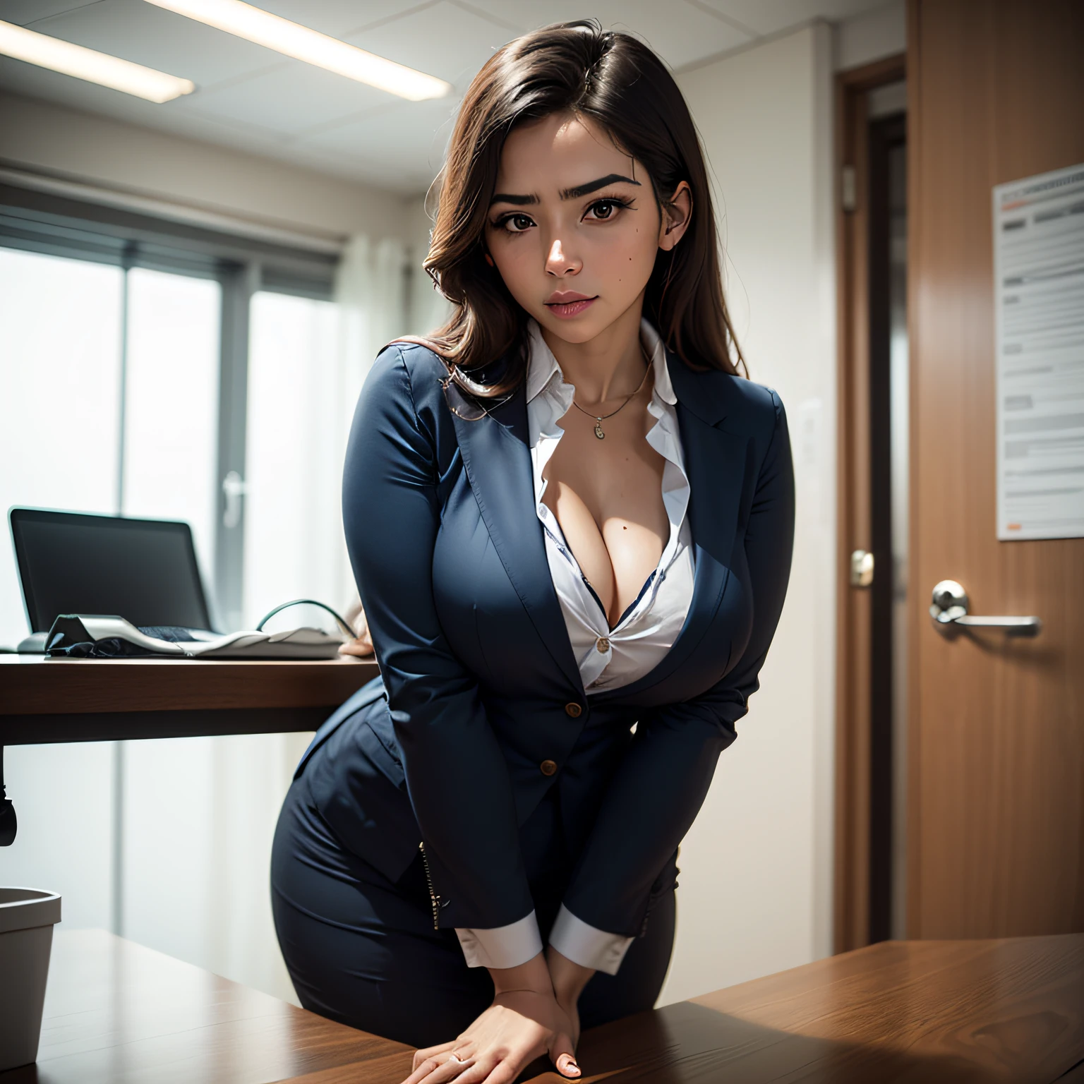 An image of a provocative woman dressed as a confident doctor in her office. She's leaning against a table, vestindo um terno sob medida que acentua suas curvas. His expression is captivating and powerful, mostrando a mistura de profissionalismo e sensualidade.