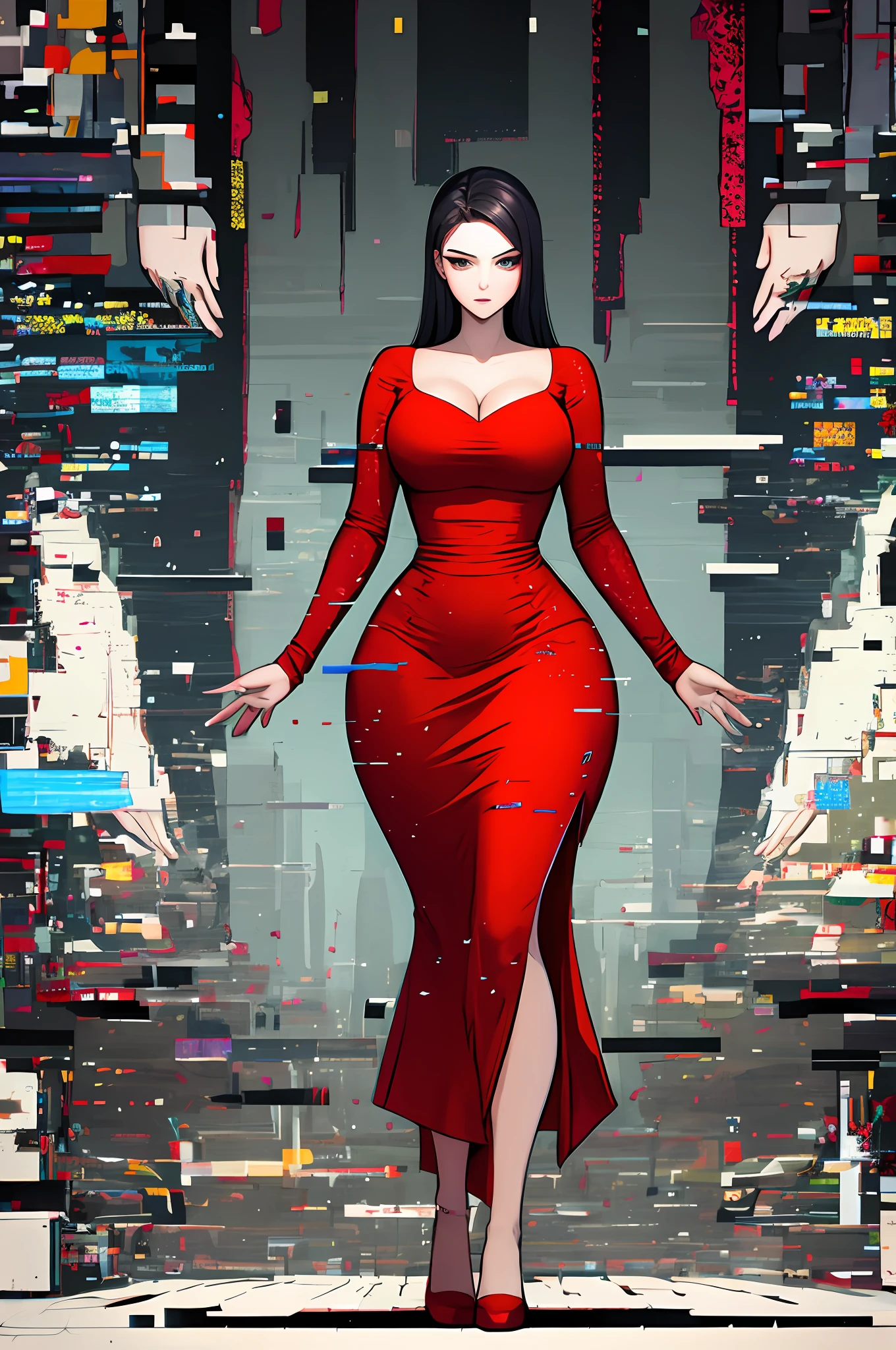 Beautiful woman, Highly detailed, High Quality, Masterpiece, beautiful, Glitching, glitch, solo, Girlfriend, red dress, full body, curvy body.