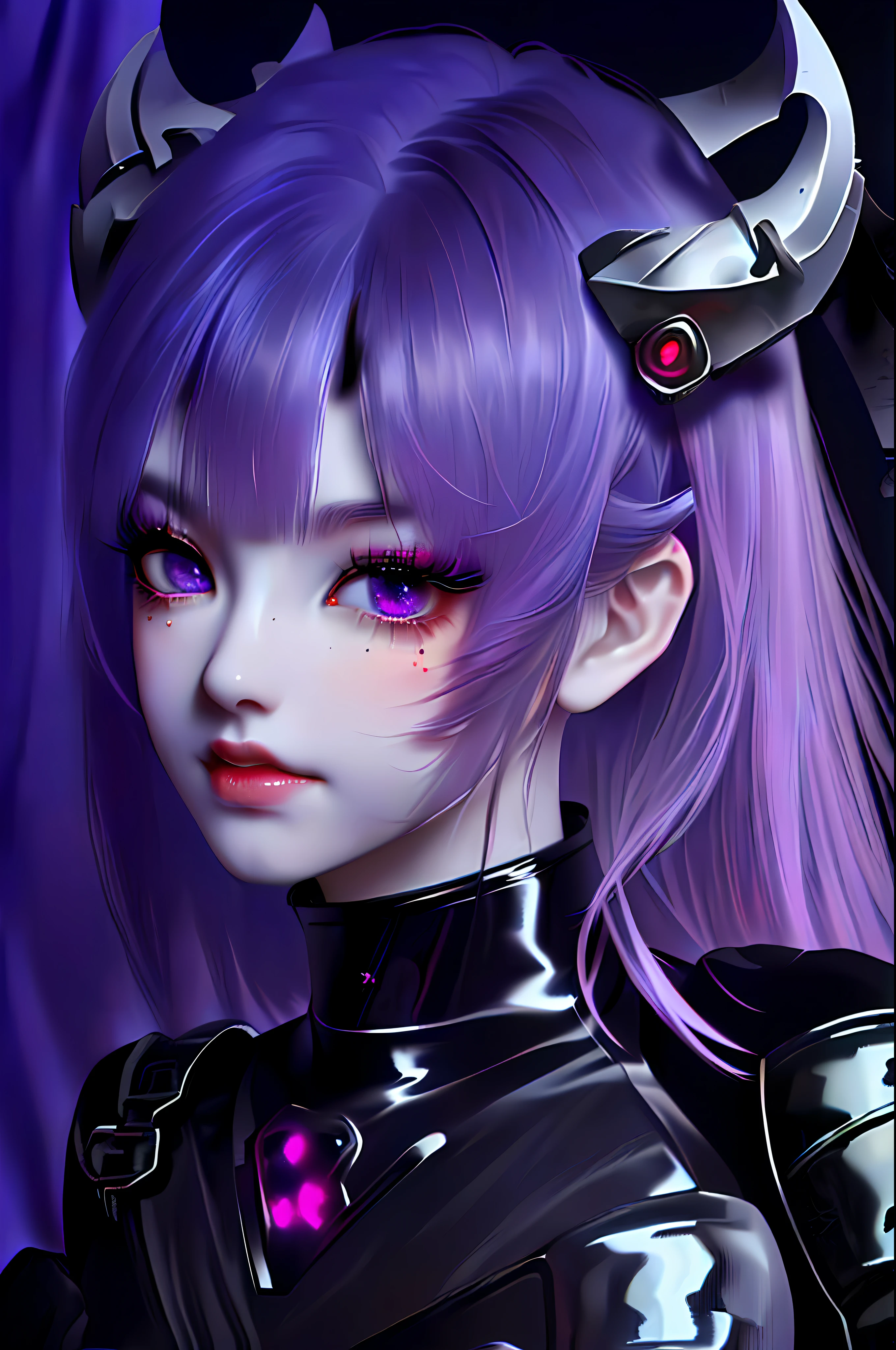 portrait, masterpiece, best quality, (photograph:1.3), (beautiful oni, oni horns, 1girl, dynamic pose, evil, transparent kitsune mask, wind, ((latex armor:1.2)), tight clothing, long purple hair bangs, perfect face, glowing purple eyes), small breasts, (highly detailed), (perfect face),((eyelashes)), (realistic:1.4), perfect lips, spot color, black background, by artgerm and greg rutkowski, by guweiz and wlop and artgerm, by Akihiko Yoshida, Mark Arian, Sakimi Chan, Mogoon,