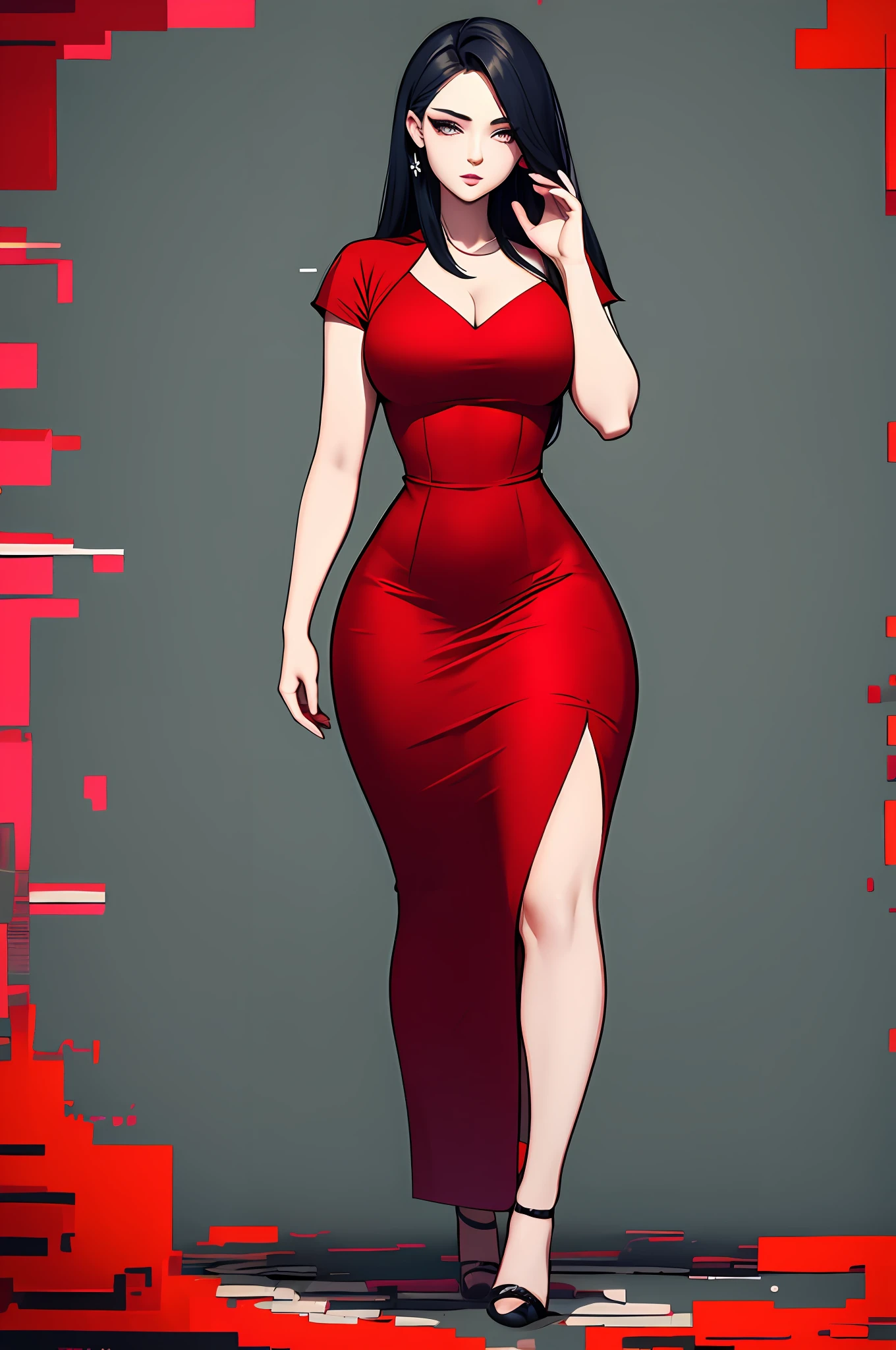 Beautiful woman, Highly detailed, High Quality, Masterpiece, beautiful, Glitching, glitch, solo, Girlfriend, red dress, full body, curvy body.