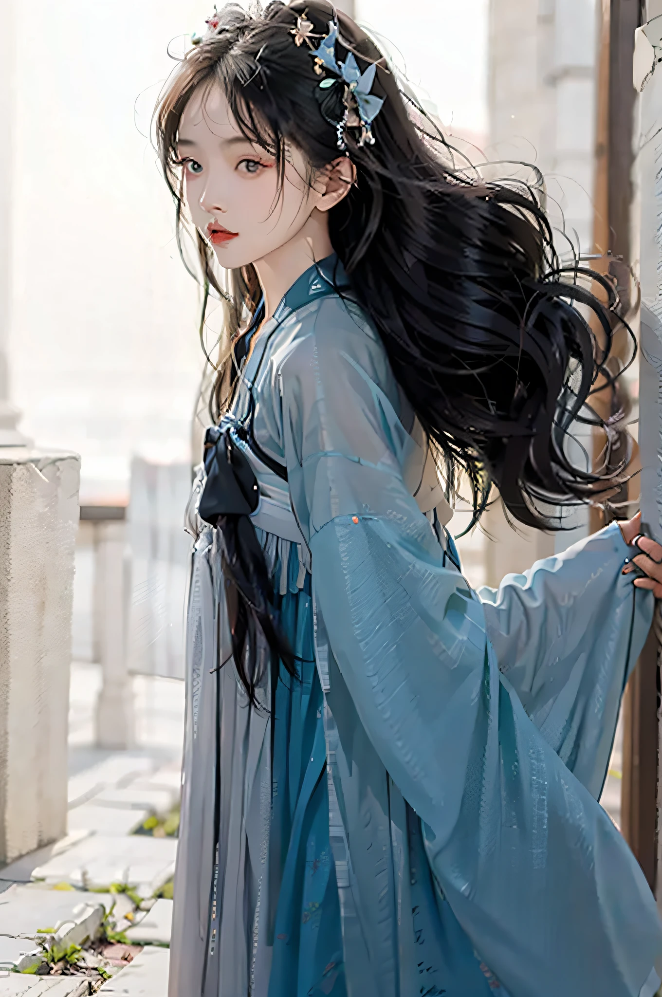 Hyperrealistic,4K,35mm,Fashion,photography of an,magazine photoshoot,ultra highly detailed, (Abstract Art:1.4), Pro lighting, Masterpiece, Best quality, super high resolution, Beautiful, visually stunning, (1girle:1.3), (dark blue theme:1.2), Light gray background, deep blue, Cowboy shot,girl,Wuxia,Chinese style,Hanfu,Tang Feng,long sleeve，Wide sleeves，Realistic skin,