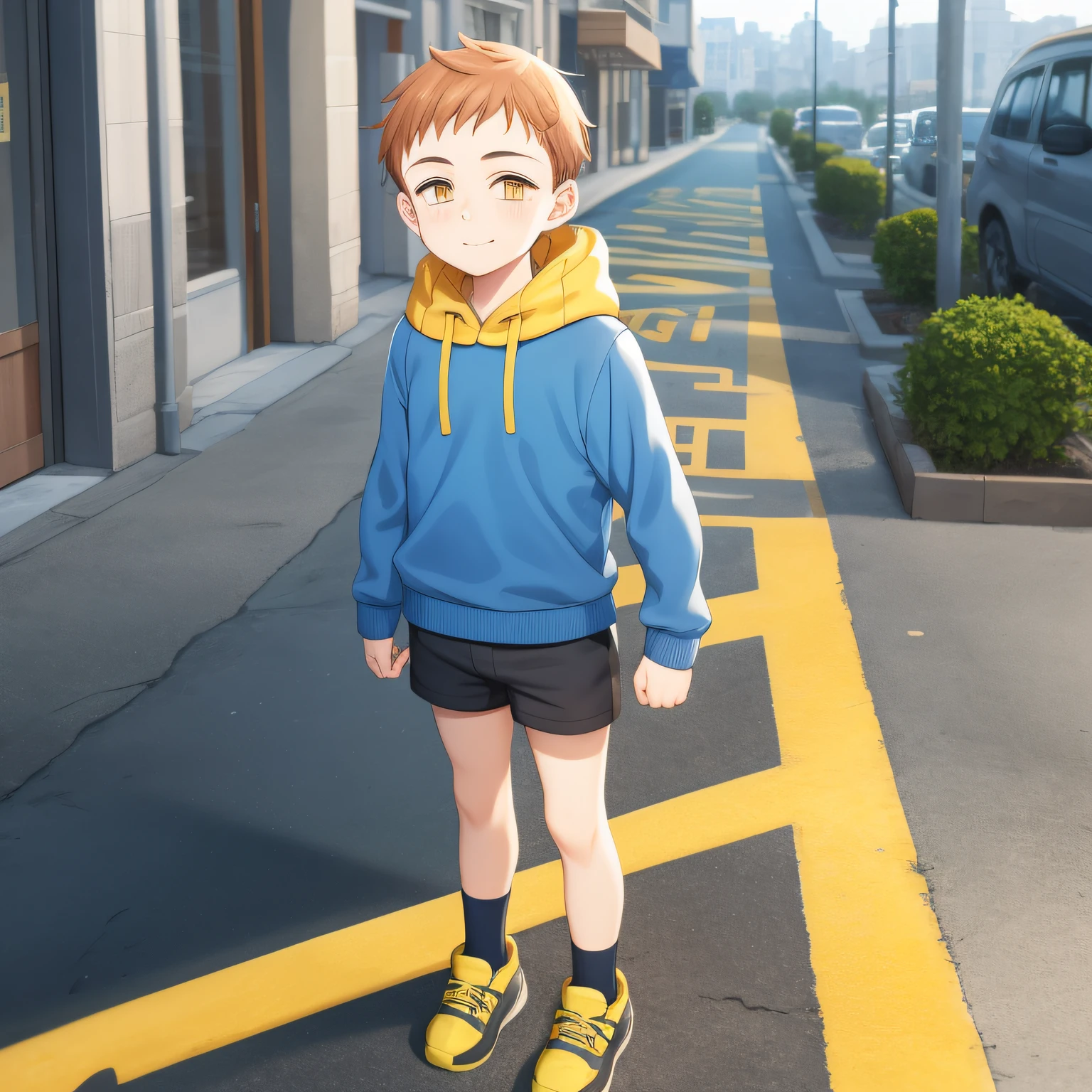 Young boy, 1boy, Short,  Yellow eyes, Best quality,  Blue sweater, city scape, Full body, Shorts, long  sleeves
