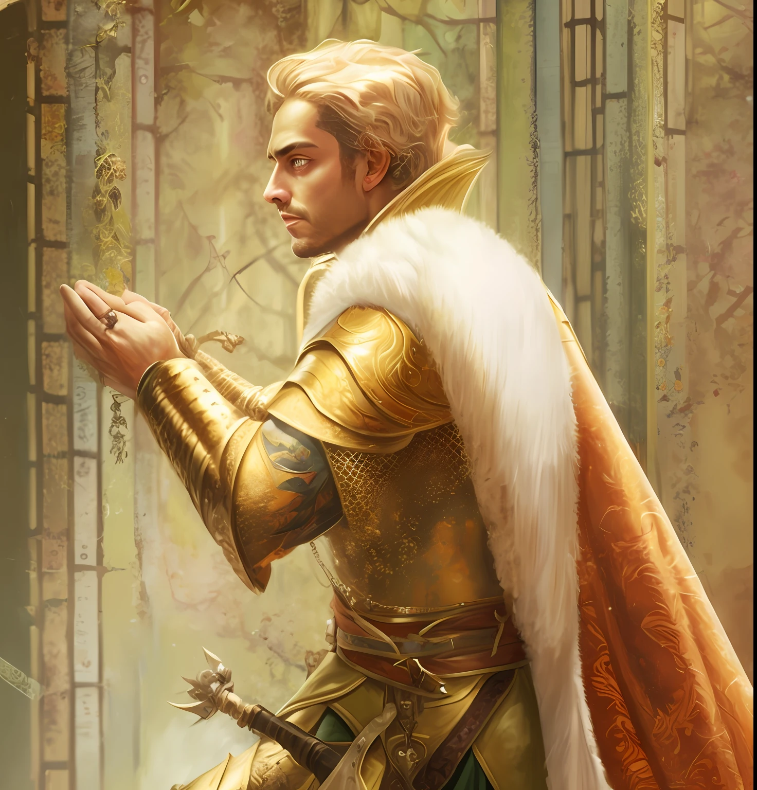 arafed image of a man in a golden outfit holding a sword, portrait of magical blond prince, picture of a male cleric, portrait of fin wildcloak, male paladin, magali villeneuve', tuomas korpi and wlop, arsen lupin as a paladin, inspired in donato giancola, graphic artist magali villeneuve，Realistic oil painting