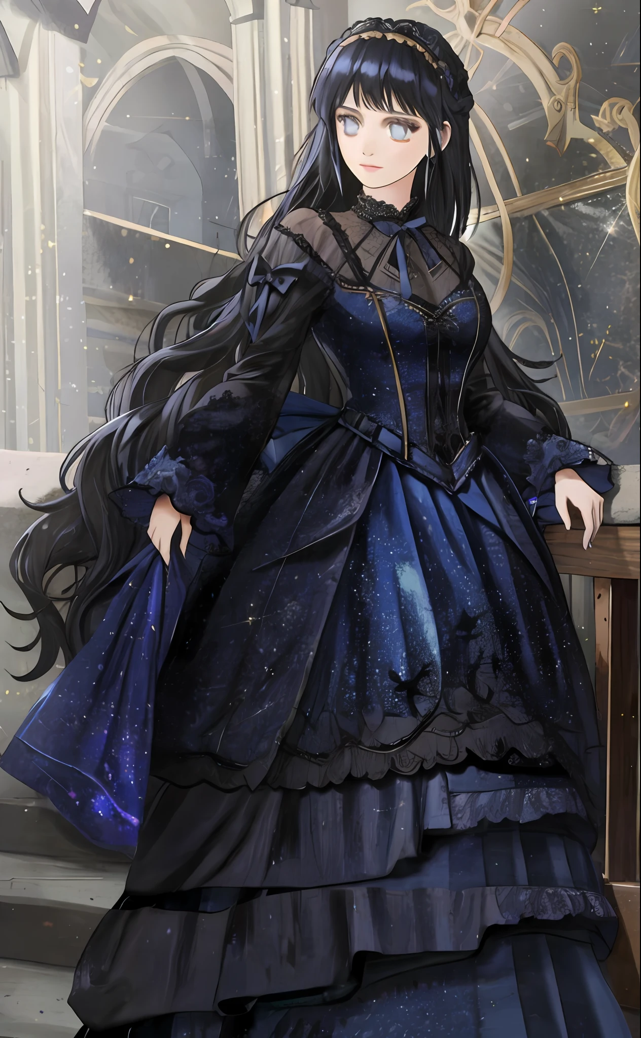 1girl, wearing this dress, beautiful, long hair, from front, fantasy dress, decorative dark blue clothing, magical dress, black gothic lolita dress, regal dark blue clothes, dark astral dress, gold brocaded dark blue clothes, elegant dark blue dress, dark blue and black, dark blue clothes, wearing fantasy formal clothing, big dark blue ribbon in back waist, shinning, glitter