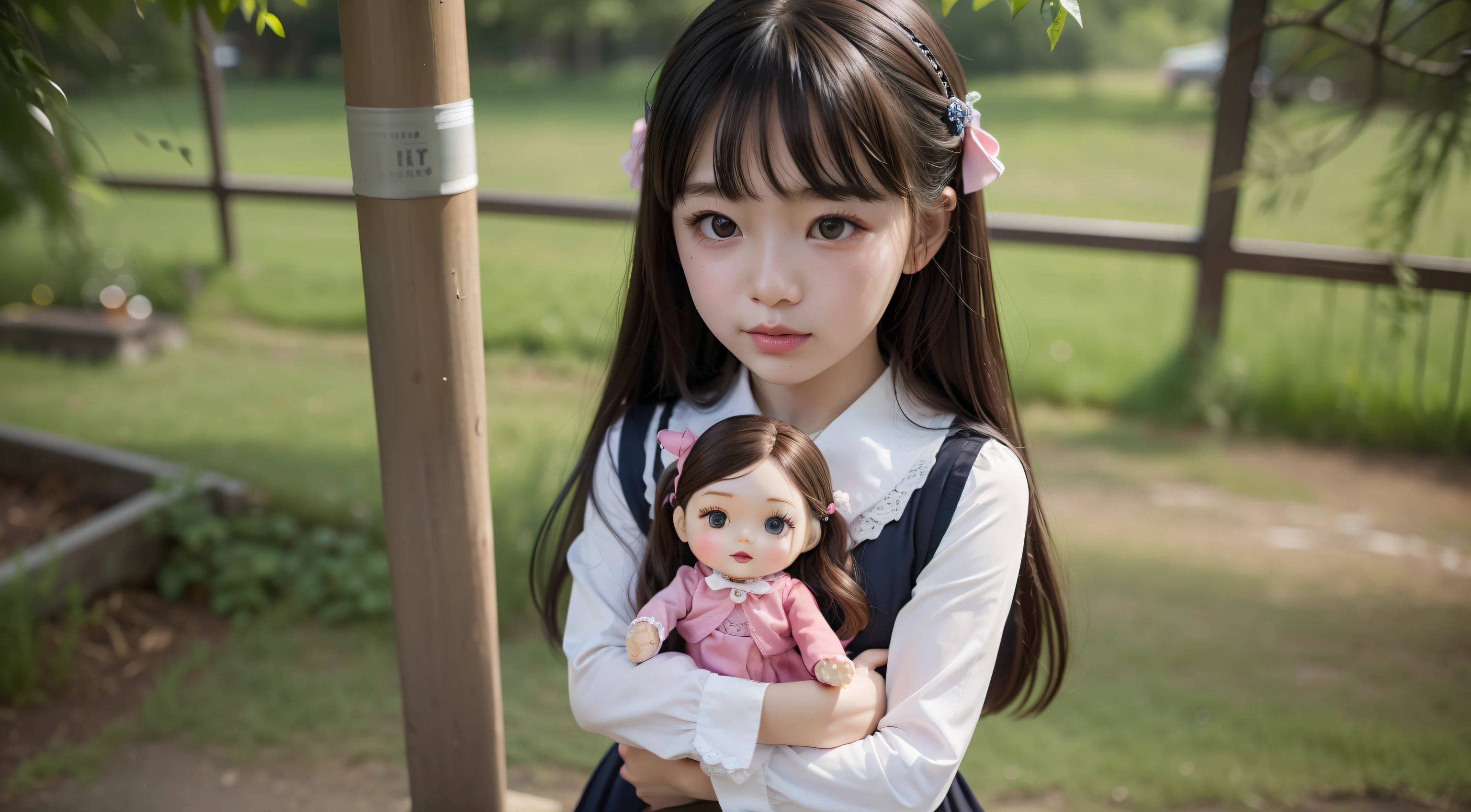 A girl about 8 years old with a doll。Hair is black or dark brown。Holding the doll with both hands in front of the body。Pullip。Bryce。Licca-chan doll。Jennie。primary schoolgirl。A girl child。Black eyes。cute-cute。high-detail。a beautifulchi girl。White dress。The average person、Gamine。Doll play。delightful。I love dolls.、I'm glad you bought it。4K。high-detail。hightquality。The photograph。realphoto。Highly detailed face。realistic。