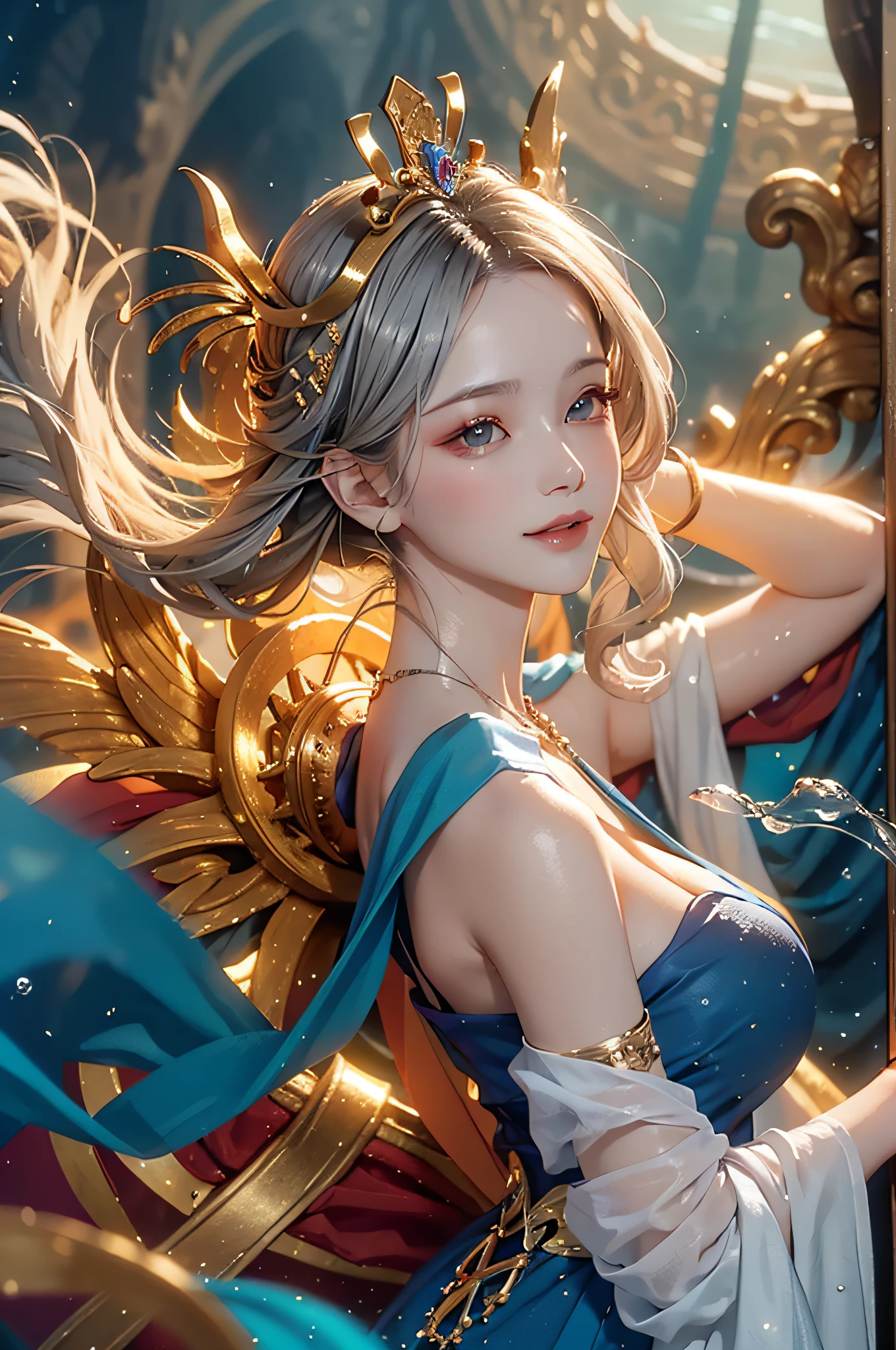 Realistic, (巨作, Top quality, Best quality, offcial art, Beautiful and aesthetic:1.2), ighly detailed,s fractal art,rich colour,Most detailed,dynamic angle,(Underwater Dragon Palace Kingdom,The surface of the water is rippling,airbubble,Silk flutters)1girl huge large breasts,A princess,with silver hair,eyes with brightness,happy tears, upturned eyes, pupils sparkling,Light smile,(Normal fine palms,Detailed hand details)hime-cut,Hair combed back,Gorgeous princess tiara,Gorgeous blue-blue and white robes,Open cloth,fromabove