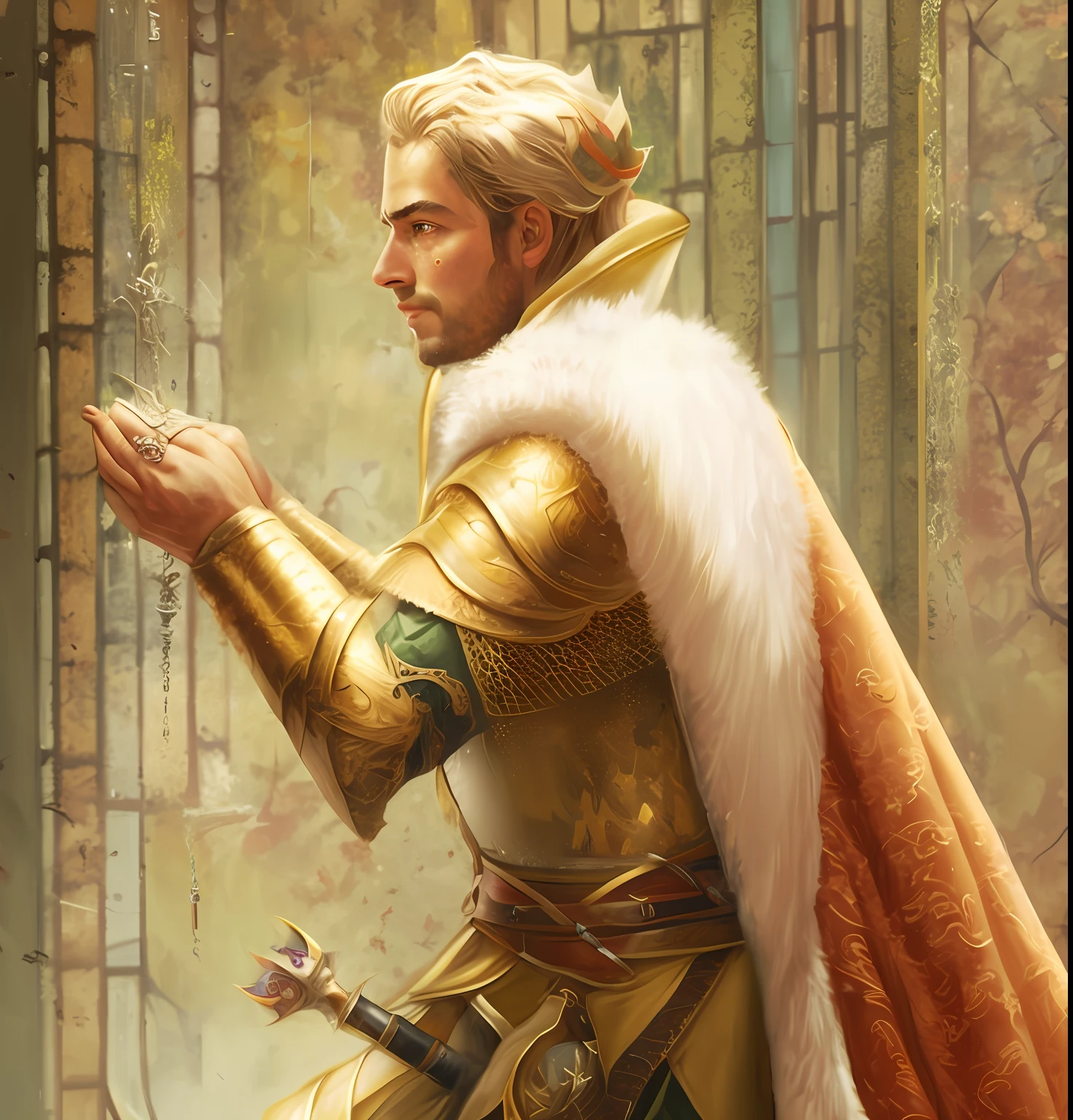 arafed image of a man in a golden outfit holding a sword, portrait of magical blond prince, picture of a male cleric, portrait of fin wildcloak, male paladin, magali villeneuve', tuomas korpi and wlop, arsen lupin as a paladin, inspired in donato giancola, graphic artist magali villeneuve，Realistic oil painting