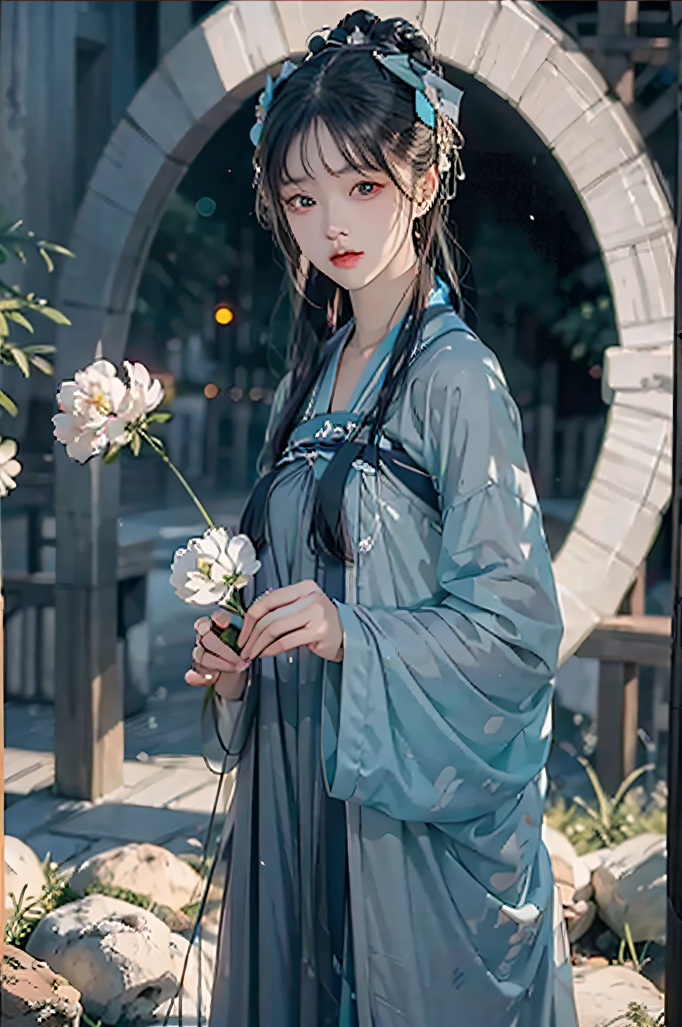 Hyperrealistic,4K,35mm,fashion,cinematography,super high details, (Abstract Art:1.4), Pro lighting, Masterpiece, Best quality, Super high resolution, beautiful, Visually stunning, (1girls:1.3), (dark blue theme:1.2), Light gray background, Deep blue, Cowboy shot,Girl,Wuxia,Chinese style,Hanfu,Tang Feng,longsleeves,Wide sleeves,Realistic skin,