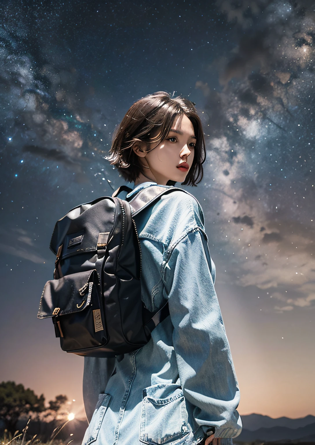 The vast starry sky,the beautiful skyline,Large grasslands,Intense and dramatic imagery,the moving visual effects,the high-hanging Polaris,Colorful natural light。A long-sleeved top,denim short,A girl with short hair carrying a backpack。