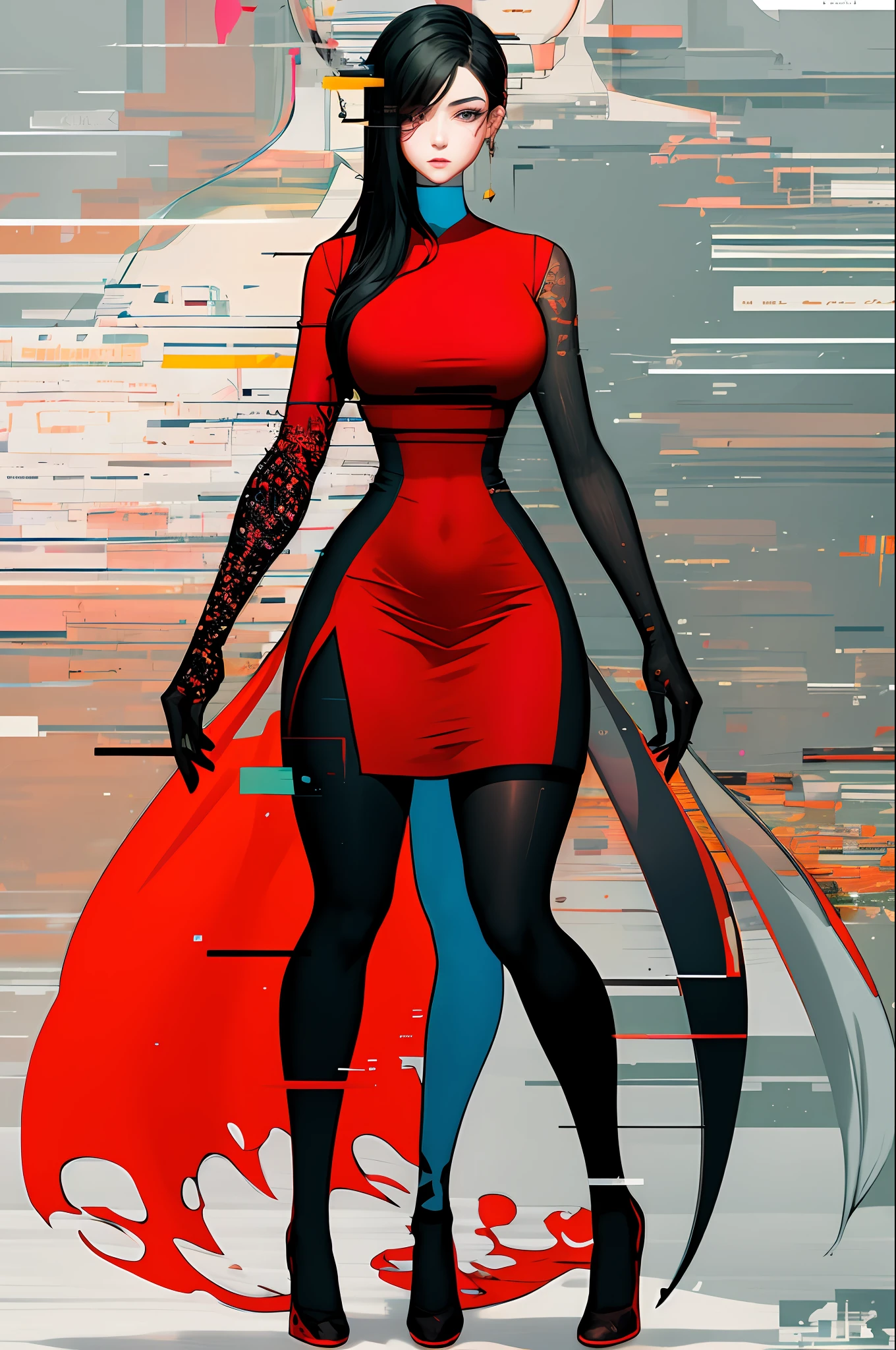 Beautiful woman, Highly detailed, High Quality, Masterpiece, beautiful, Glitching, glitch, solo, Girlfriend, red dress, full body, curvy body.