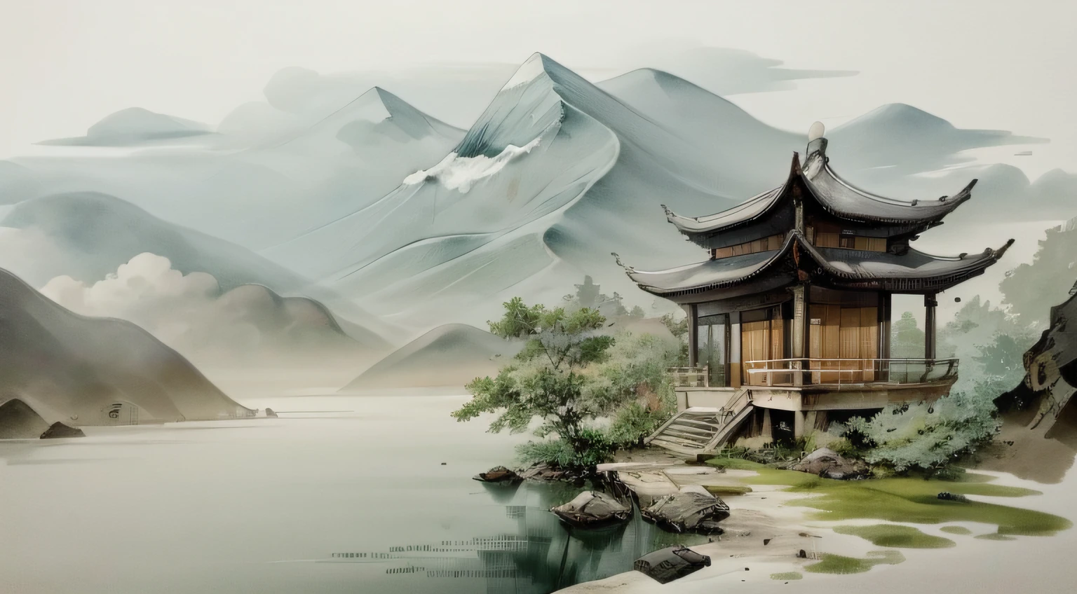 style of anime,The sky is vast,Rolling mountains and steep cliffs,Ink style,Contour light,Atmospheric atmosphere,depth of field,The fog rises,bamboo,PINE,stone pavilions,falls,water ink --auto