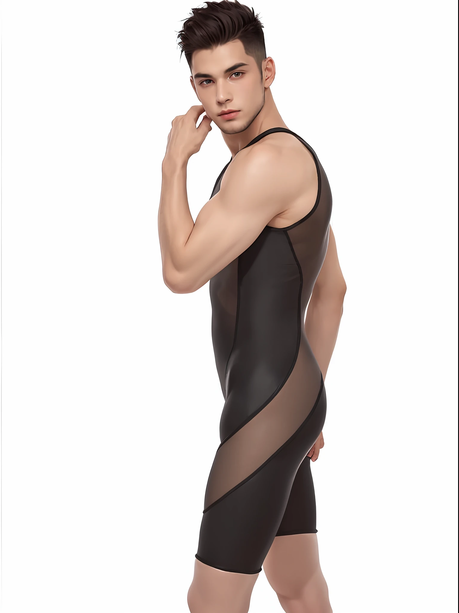 A young man wearing a black translucent one-piece tights,Translucent body, wearing a strawhat, high leotard, skintight black clothes, The tight-fitting suit, wearing black tight clothing, skintight black bodysuit, tight full body suit, high level body suit, high leotard, full - length view, black spandex, Full body suit, Translucent mesh