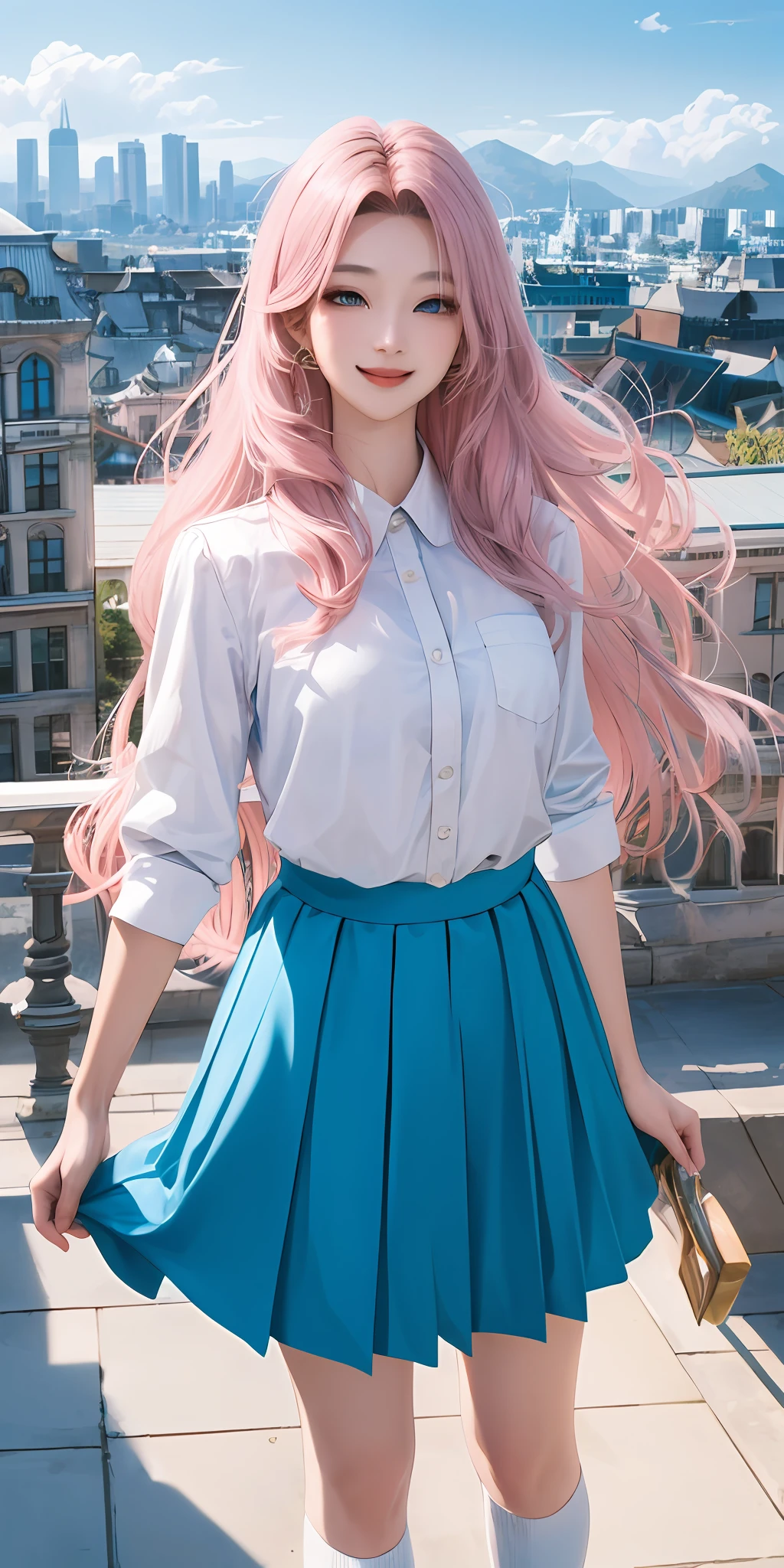 official art, masterpiece, sharp focus, (beautiful gorgeous cute Korean woman:1.3), (beautiful cute korean:1.3), korean beauty, Delicate and beautiful hair and eyes and face, realistic, ultra detailed, beautiful girl, blue sky, glow white particle, (sidelighting:1.2), sun light, white cloud, detailed clouds, slender, Lovely very large breasts and very large hips, smile with teeth, ((smile with eyes, open both eyes)), scenery, long straight hair, sexy facial expression, building, (cityscape:1.7), dynamic hair, long straight hair, detailed platinum pink hair, glow blue eyes, (blue pleated shirts + white skirt), white long socks, pale skin, hair ornament, epic scenery,