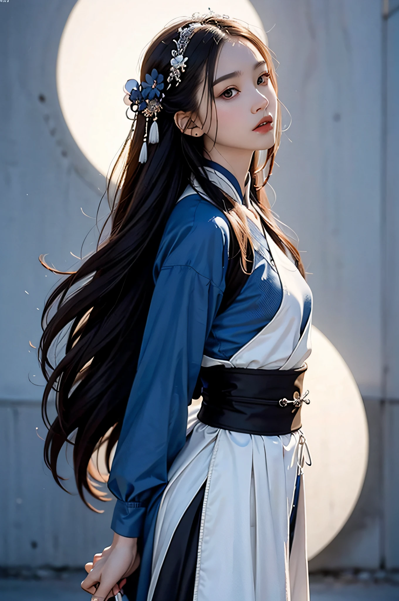 Hyperrealistic,4K,35mm,fashion,cinematography,magazine photoshoot,super high details, (Abstract Art:1.4), Professional lighting, Masterpiece, Best quality, Super high resolution, beautiful, Visually stunning, (1girls:1.3), (dark blue theme:1.2), Light gray background, Deep blue, Cowboy shot,Girl,Wuxia,Chinese style,Hanfu,Tang Feng,Red:1.9,The skin, Skirt,