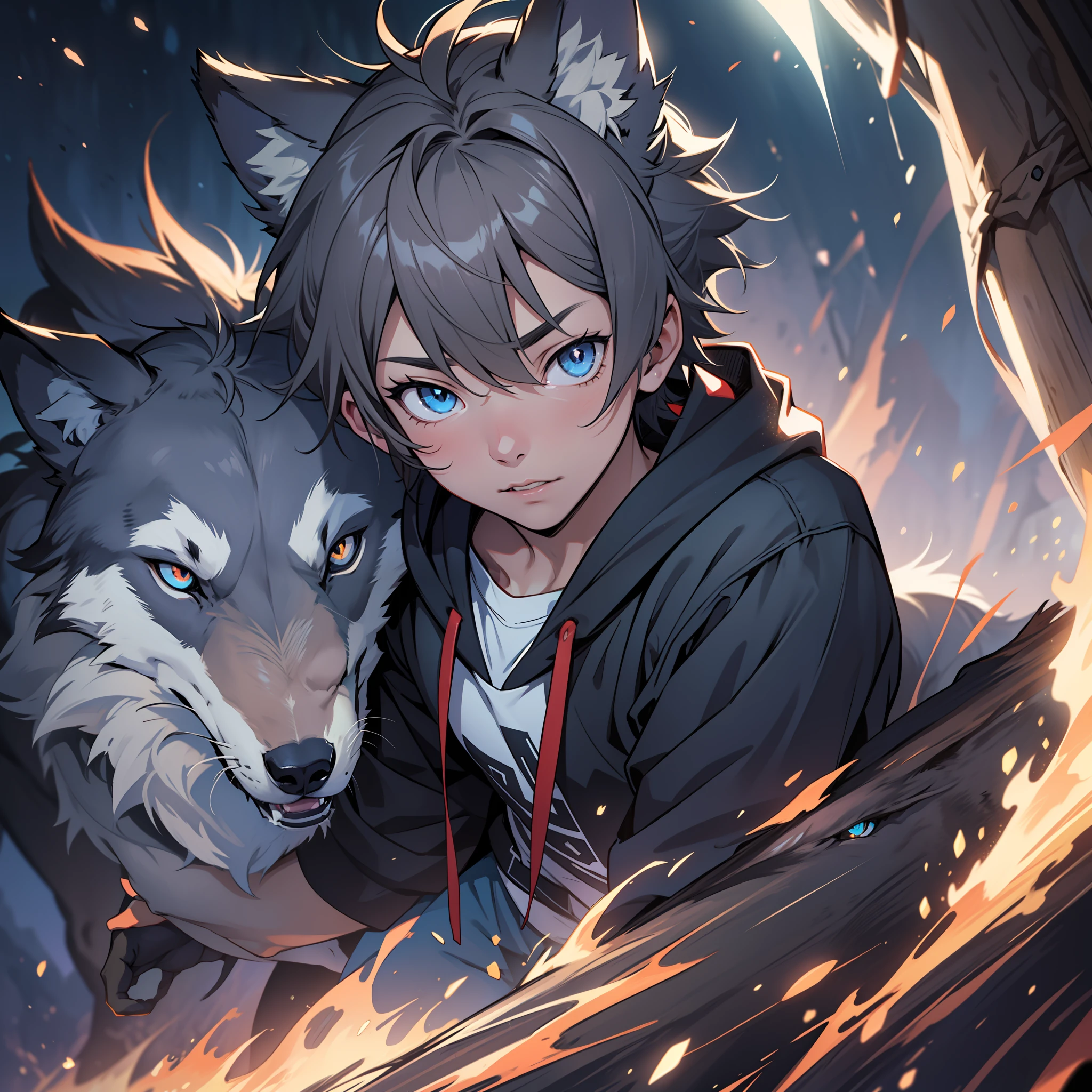 1boy, cool, cinematlic lighting, Dark Boy, night, young, anime, wolf ears, wolf tail, cute teen character, HD, masterpiece, dark gray hair, blue eyes, (little boy), hooding,